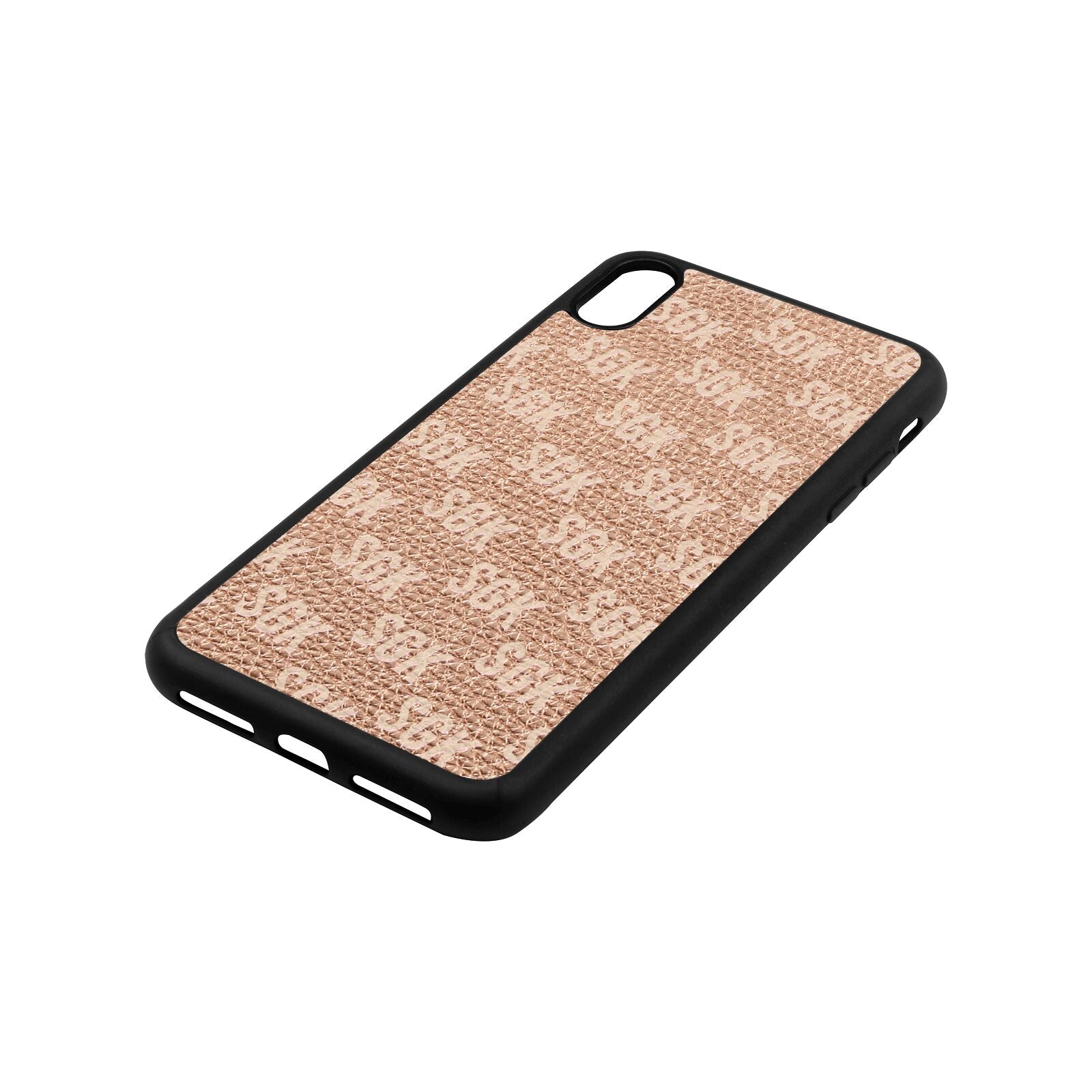 Personalised Brick Pattern Text Rose Gold Pebble Leather iPhone Xs Max Case Side Angle