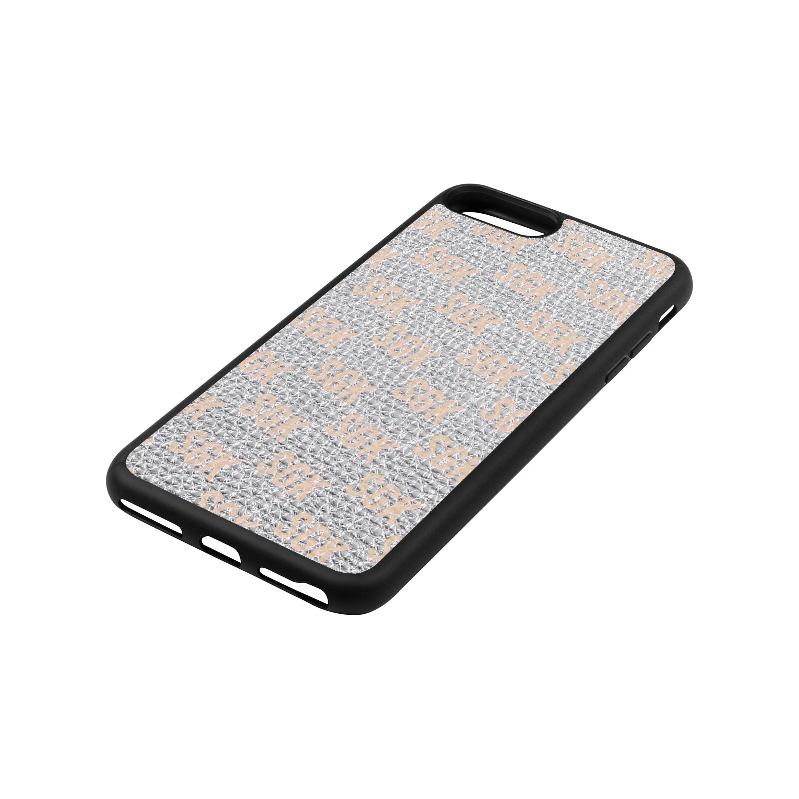 Personalised Brick Pattern Text Silver Pebble Leather iPhone 8 Plus Case Side Angle