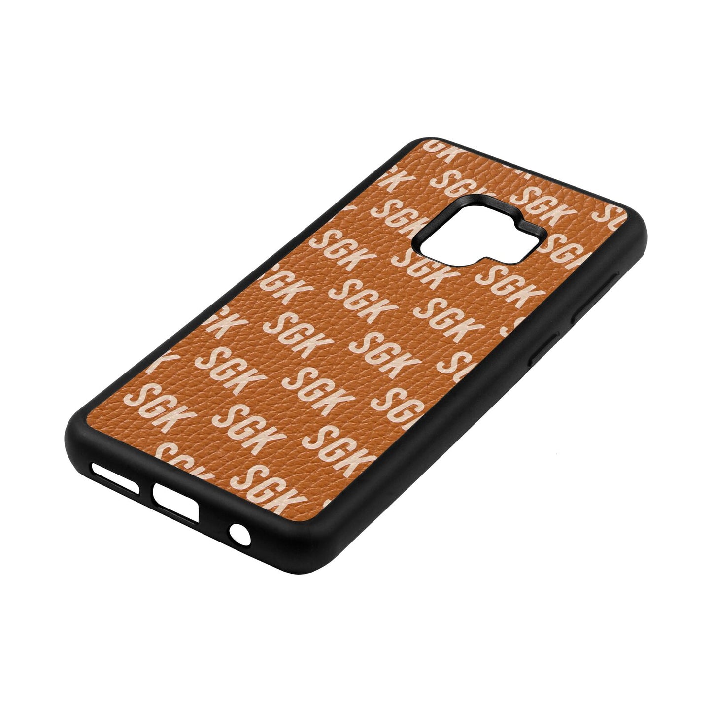 Personalised Brick Pattern Text Tan Pebble Leather Samsung S9 Case Side Angle