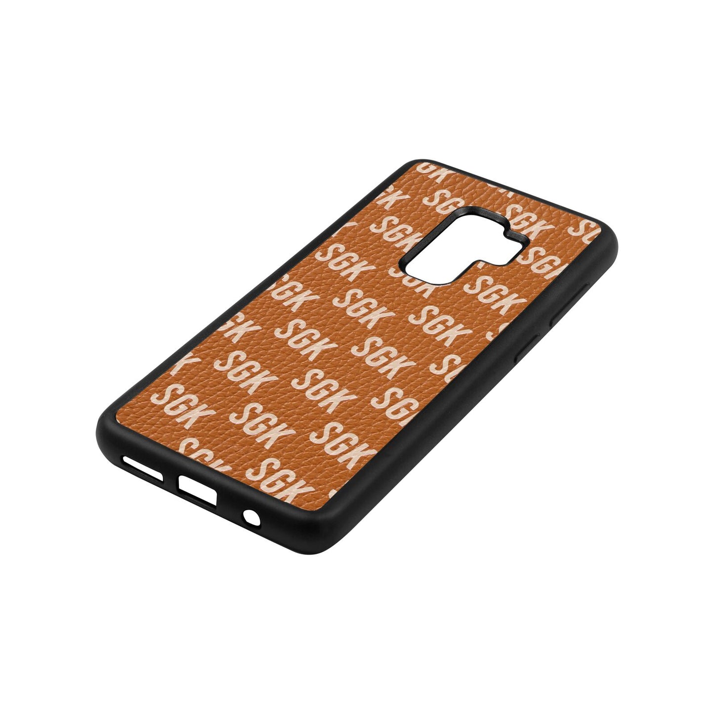 Personalised Brick Pattern Text Tan Pebble Leather Samsung S9 Plus Case Side Angle