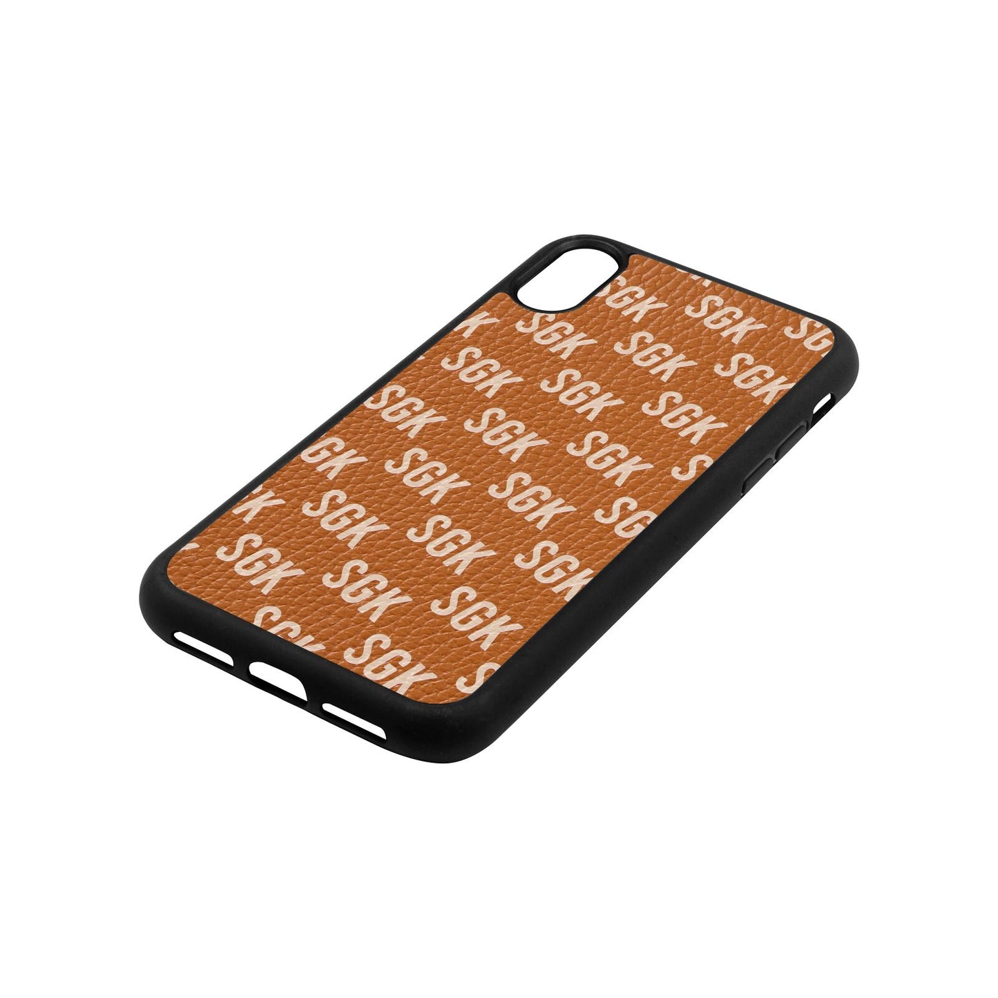 Personalised Brick Pattern Text Tan Pebble Leather iPhone Xr Case Side Angle