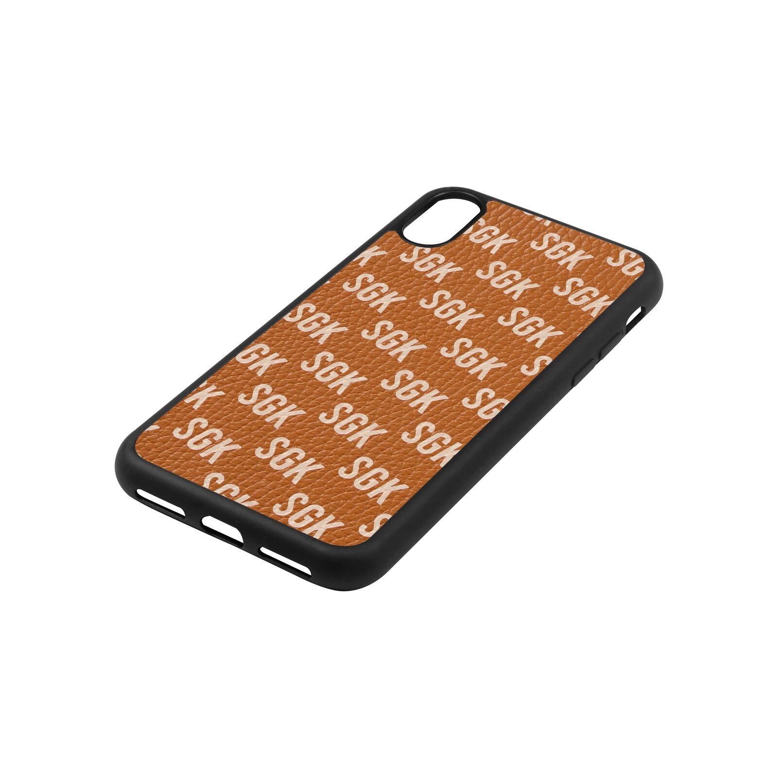 Personalised Brick Pattern Text Tan Pebble Leather iPhone Xs Case Side Angle