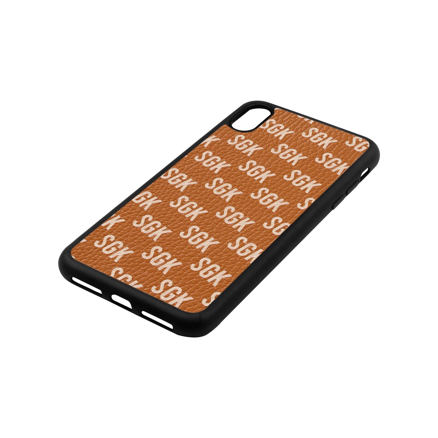 Personalised Brick Pattern Text Tan Pebble Leather iPhone Xs Max Case Side Angle
