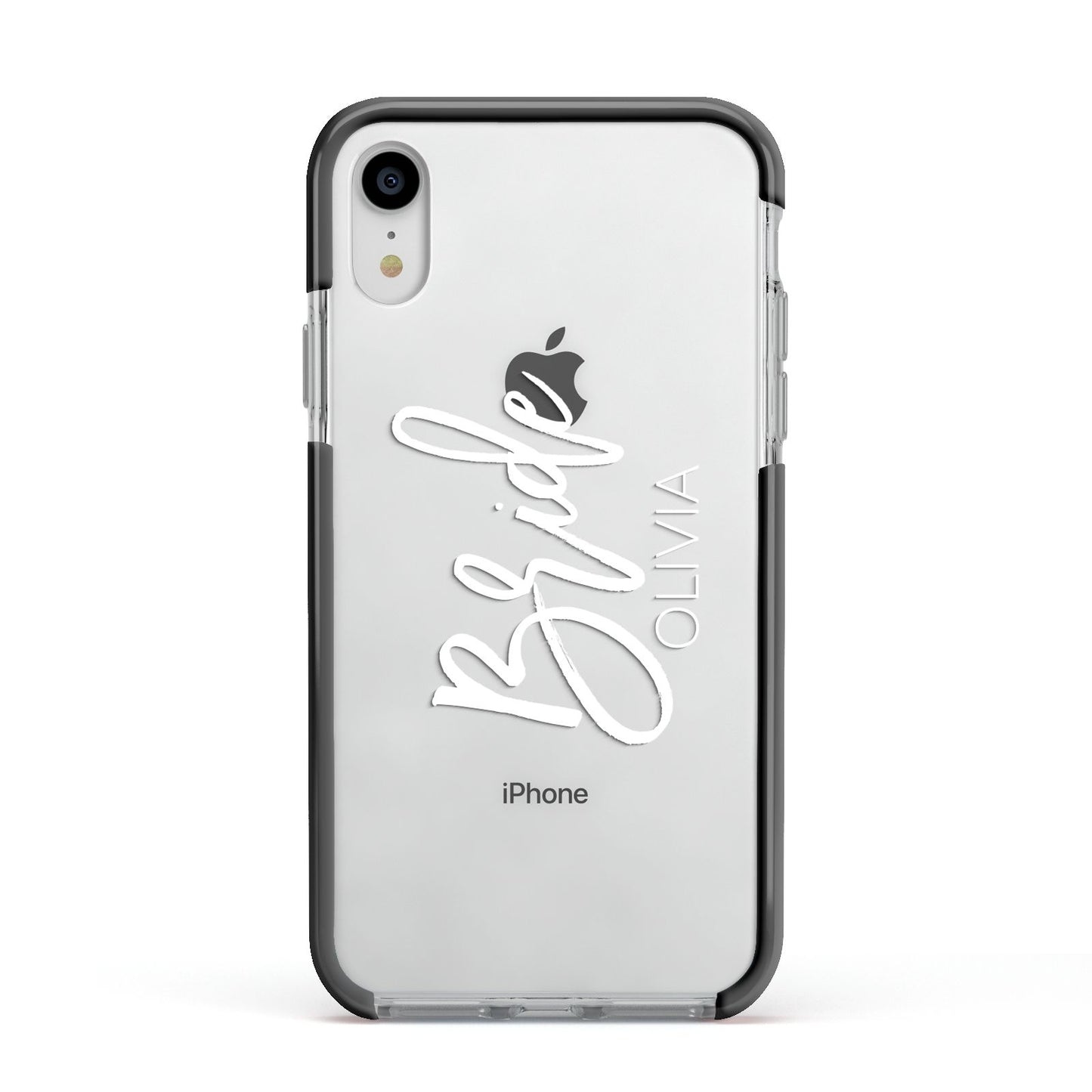 Personalised Bride Apple iPhone XR Impact Case Black Edge on Silver Phone