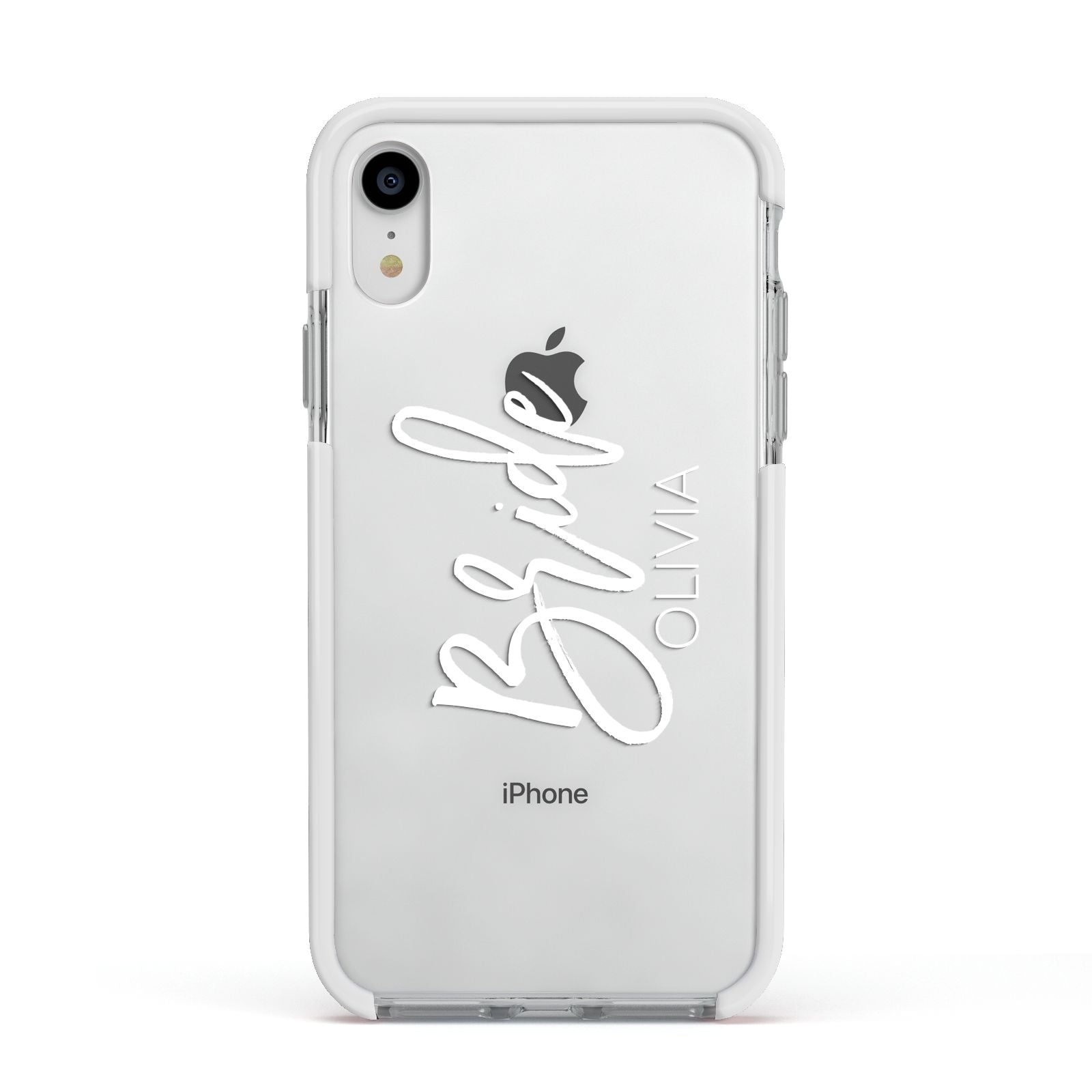 Personalised Bride Apple iPhone XR Impact Case White Edge on Silver Phone