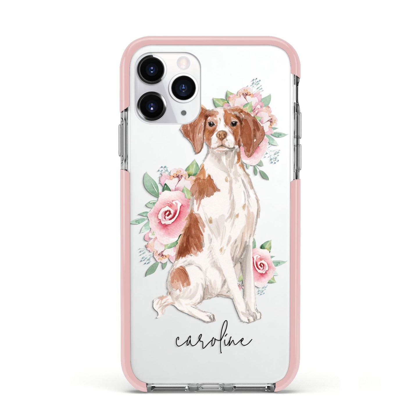Personalised Brittany Dog Apple iPhone 11 Pro in Silver with Pink Impact Case