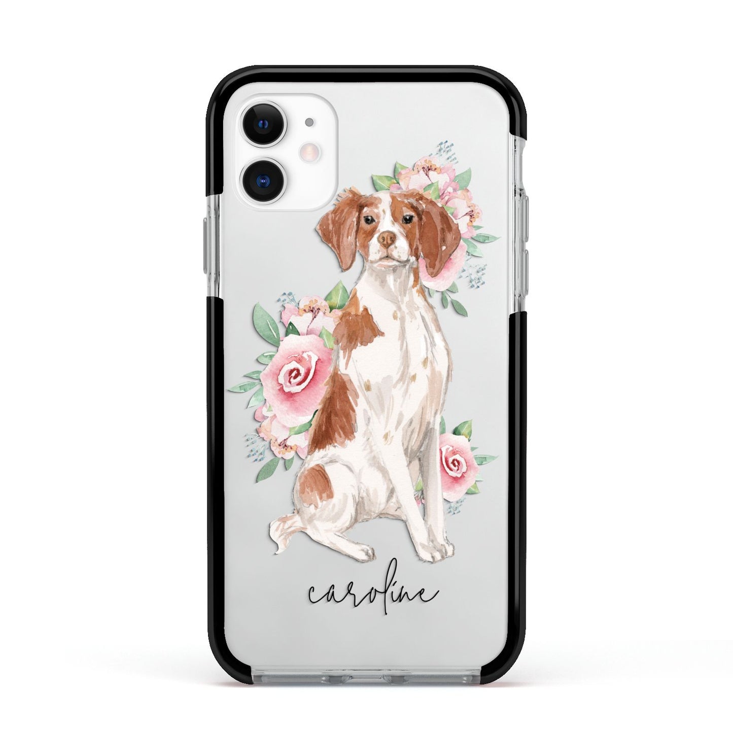 Personalised Brittany Dog Apple iPhone 11 in White with Black Impact Case