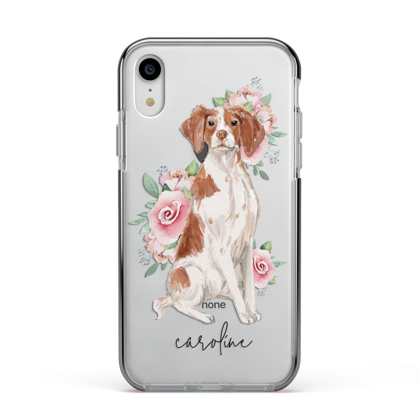 Personalised Brittany Dog Apple iPhone XR Impact Case Black Edge on Silver Phone