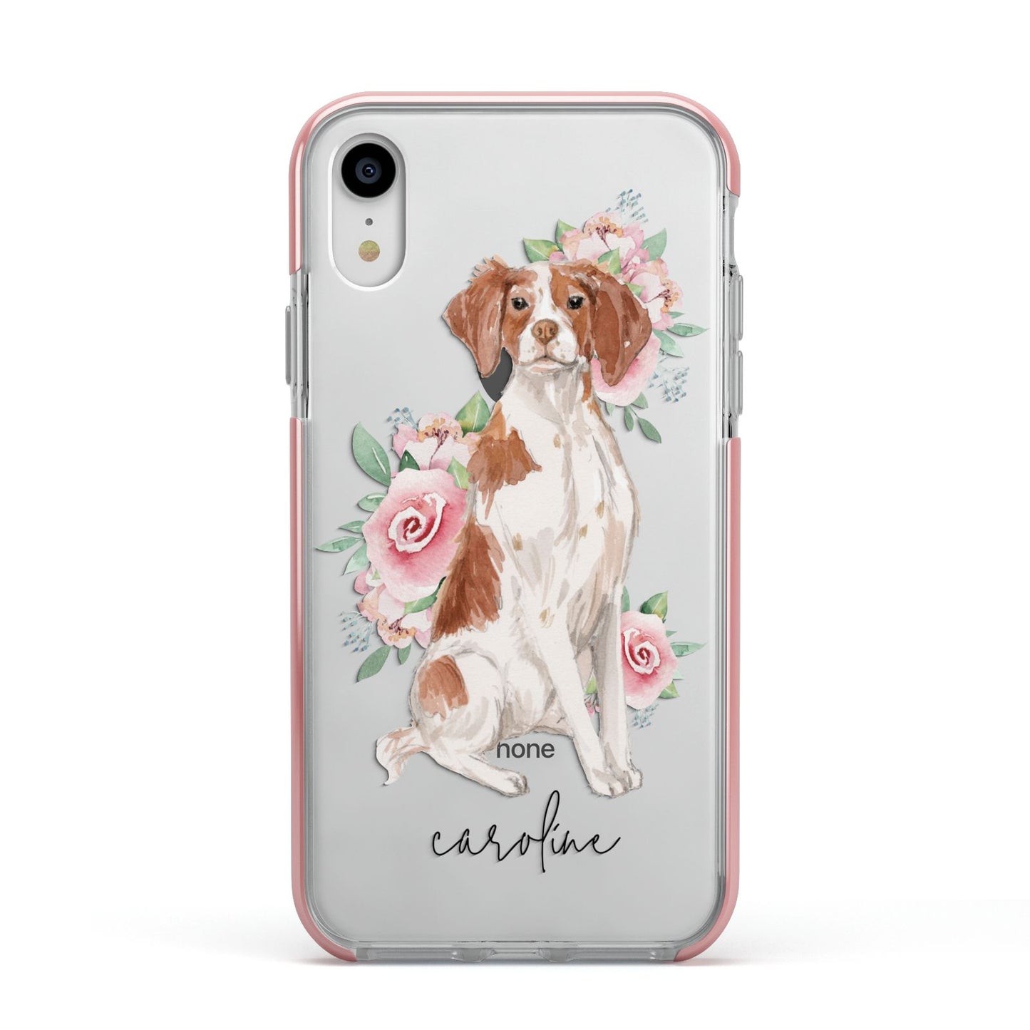 Personalised Brittany Dog Apple iPhone XR Impact Case Pink Edge on Silver Phone