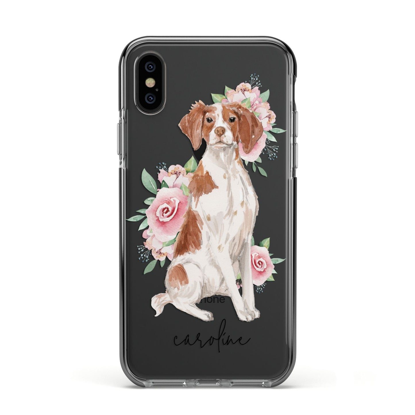 Personalised Brittany Dog Apple iPhone Xs Impact Case Black Edge on Black Phone
