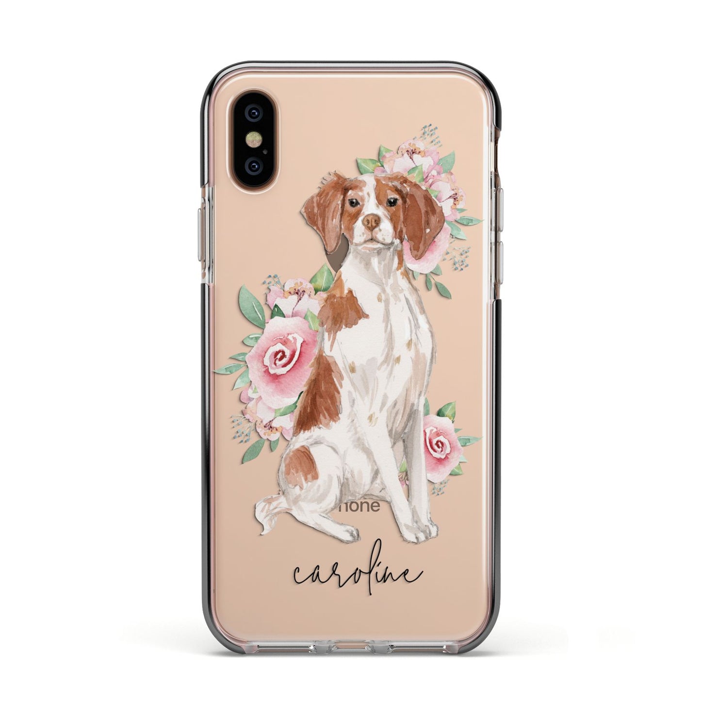 Personalised Brittany Dog Apple iPhone Xs Impact Case Black Edge on Gold Phone