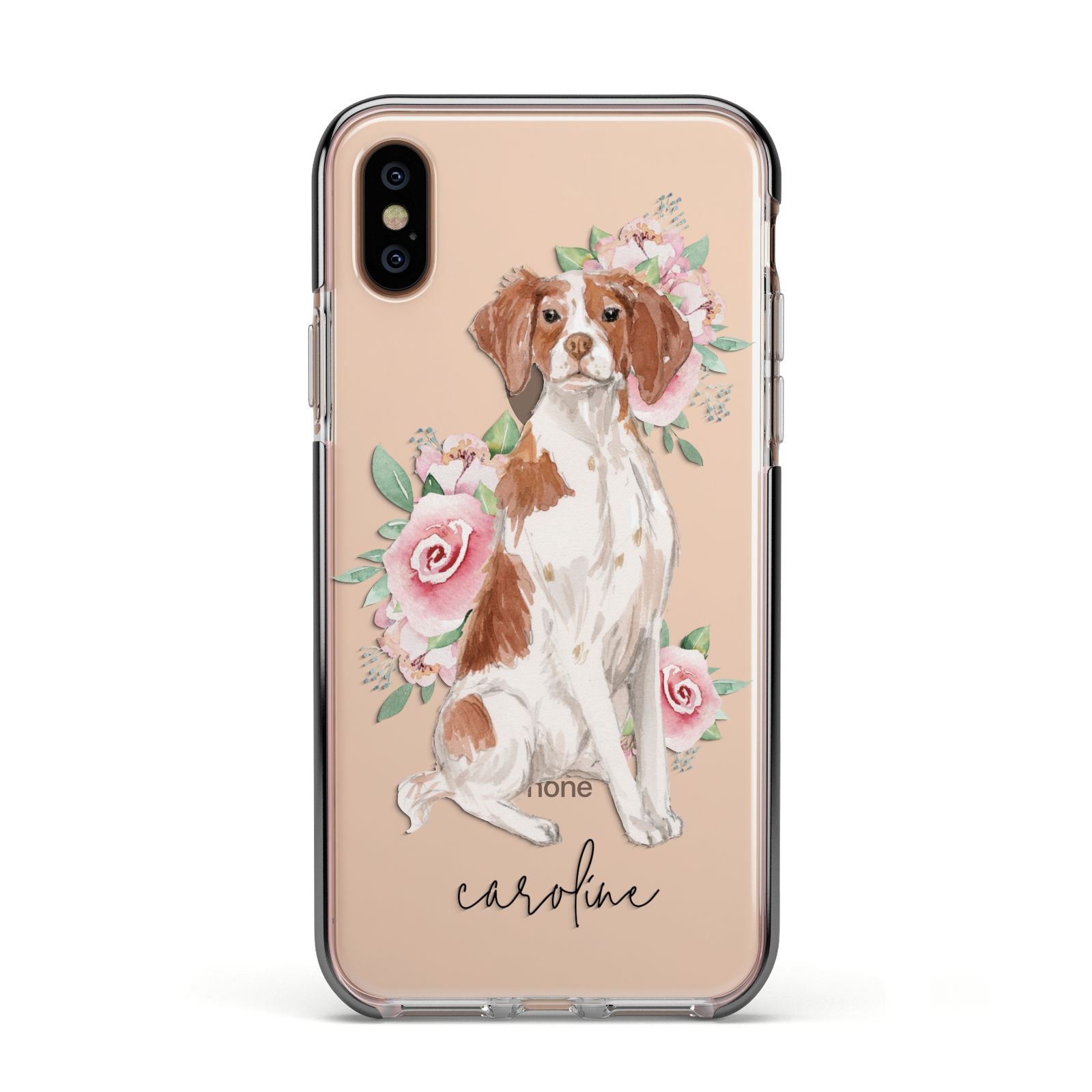 Personalised Brittany Dog Apple iPhone Xs Impact Case Black Edge on Gold Phone