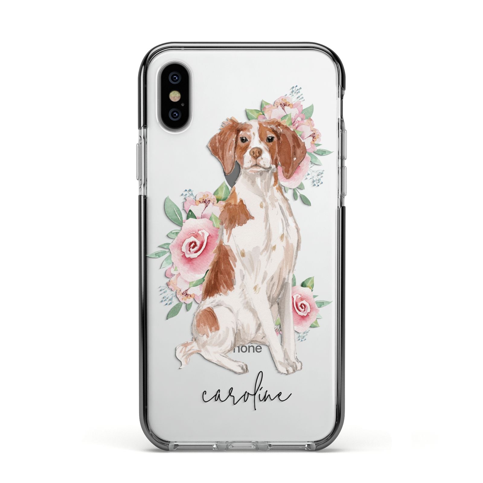 Personalised Brittany Dog Apple iPhone Xs Impact Case Black Edge on Silver Phone