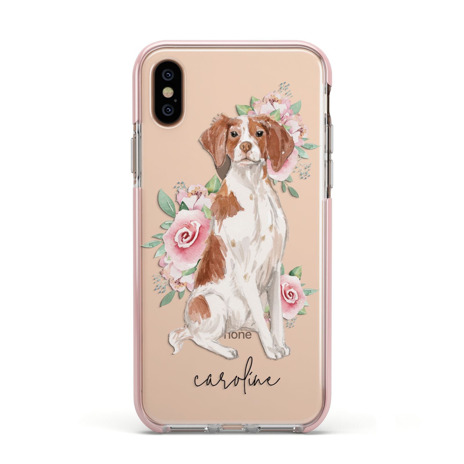 Personalised Brittany Dog Apple iPhone Xs Impact Case Pink Edge on Gold Phone