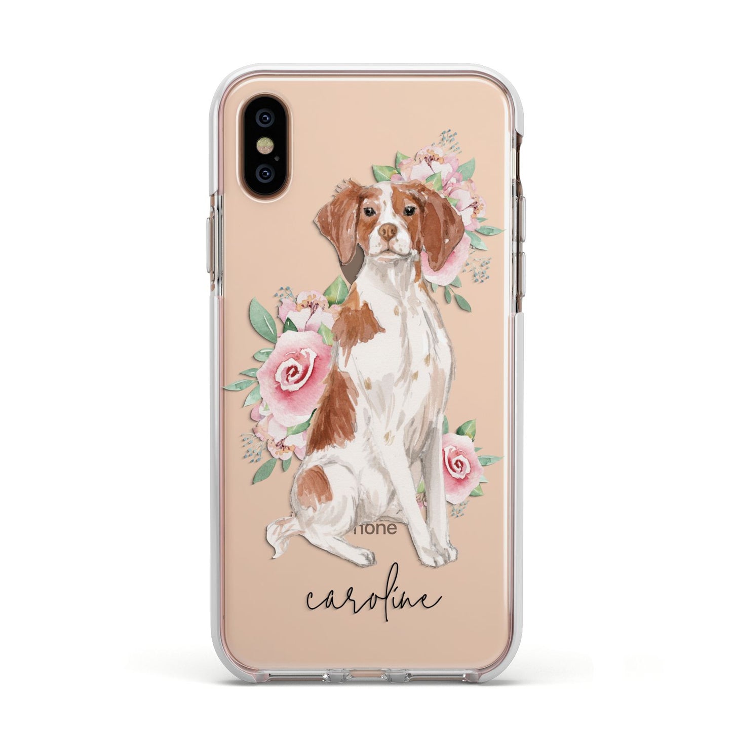 Personalised Brittany Dog Apple iPhone Xs Impact Case White Edge on Gold Phone