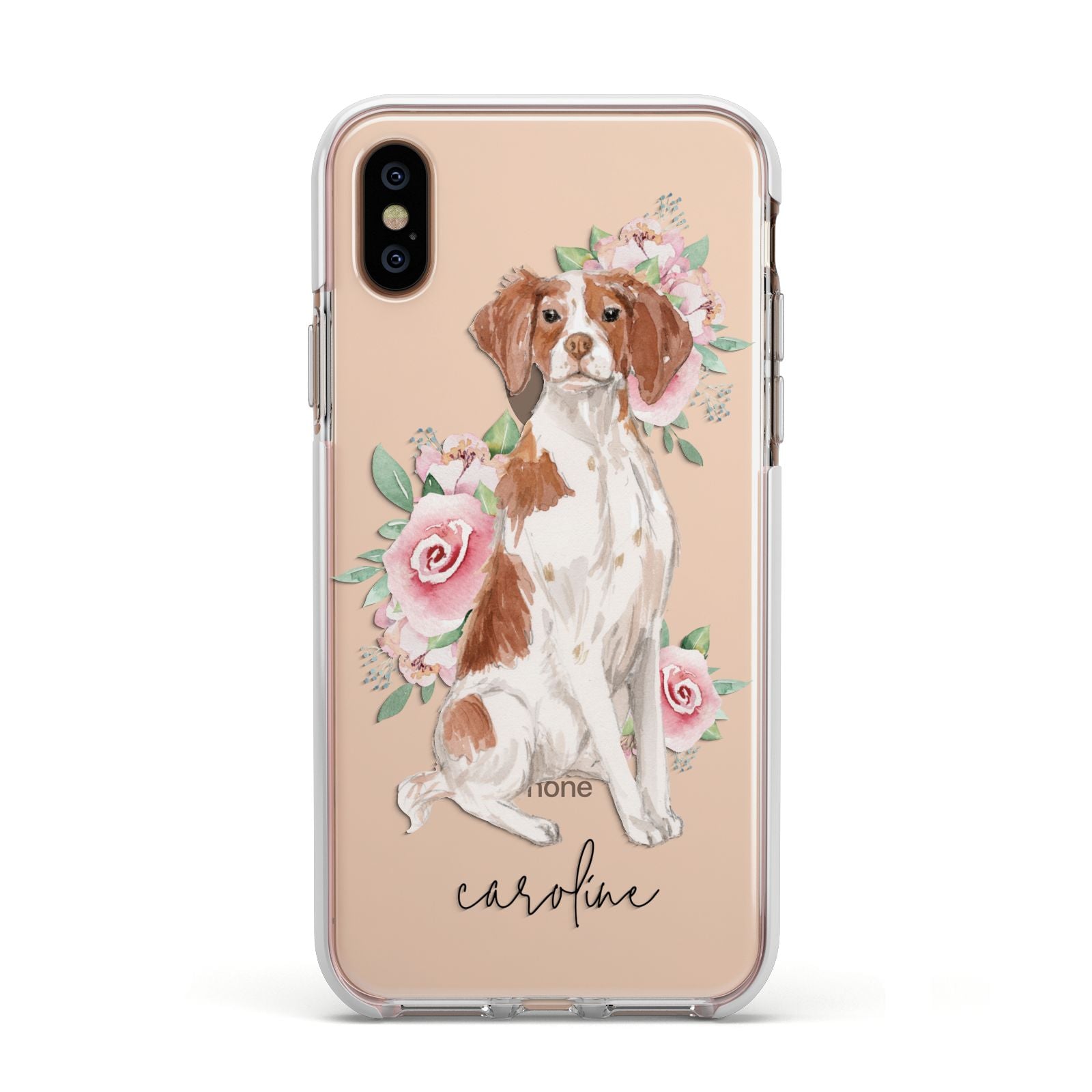 Personalised Brittany Dog Apple iPhone Xs Impact Case White Edge on Gold Phone