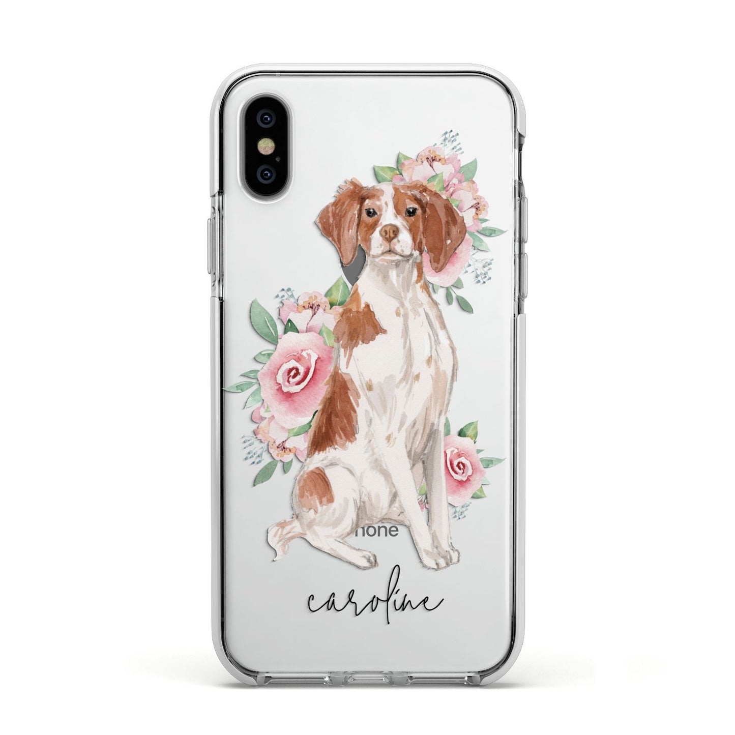 Personalised Brittany Dog Apple iPhone Xs Impact Case White Edge on Silver Phone