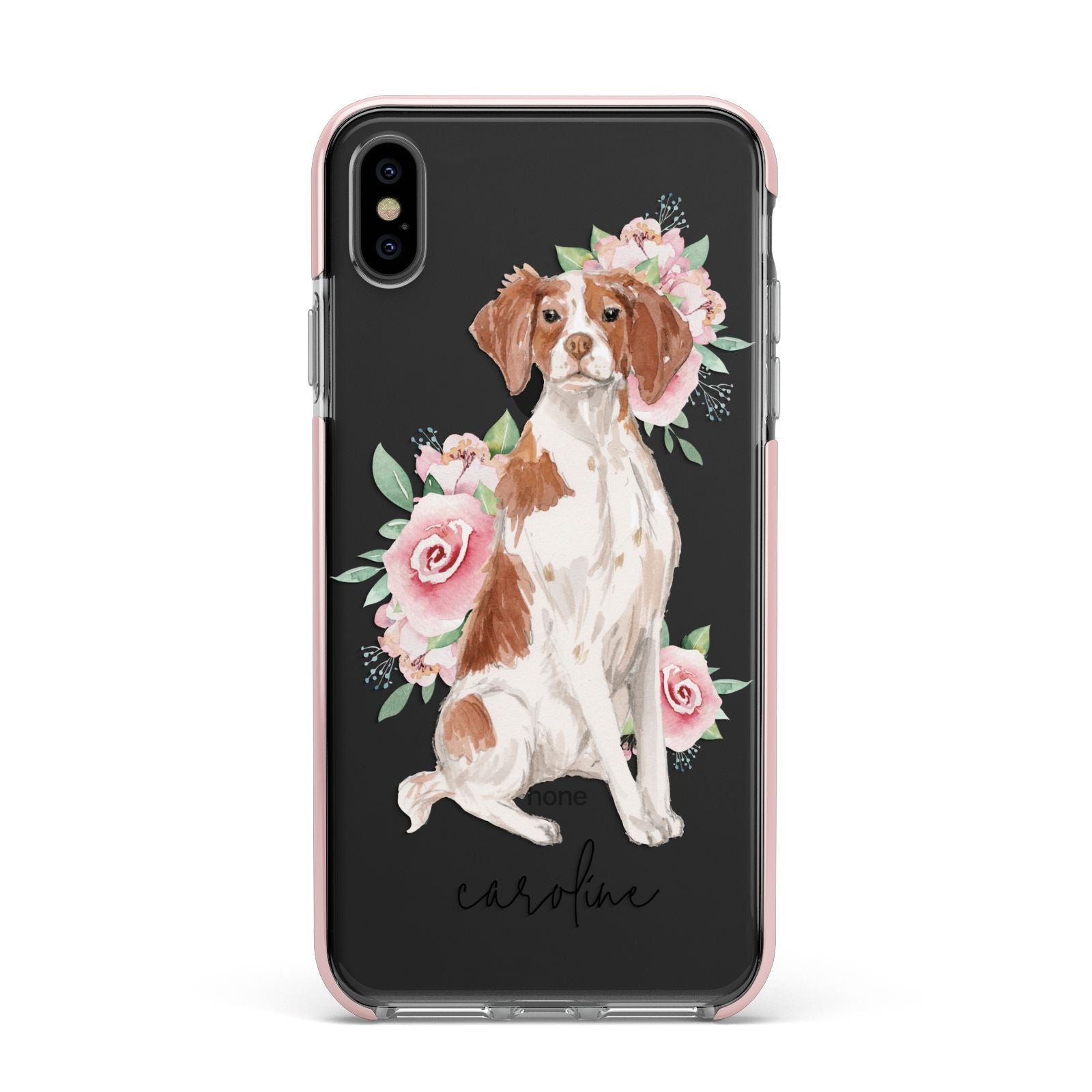 Personalised Brittany Dog Apple iPhone Xs Max Impact Case Pink Edge on Black Phone