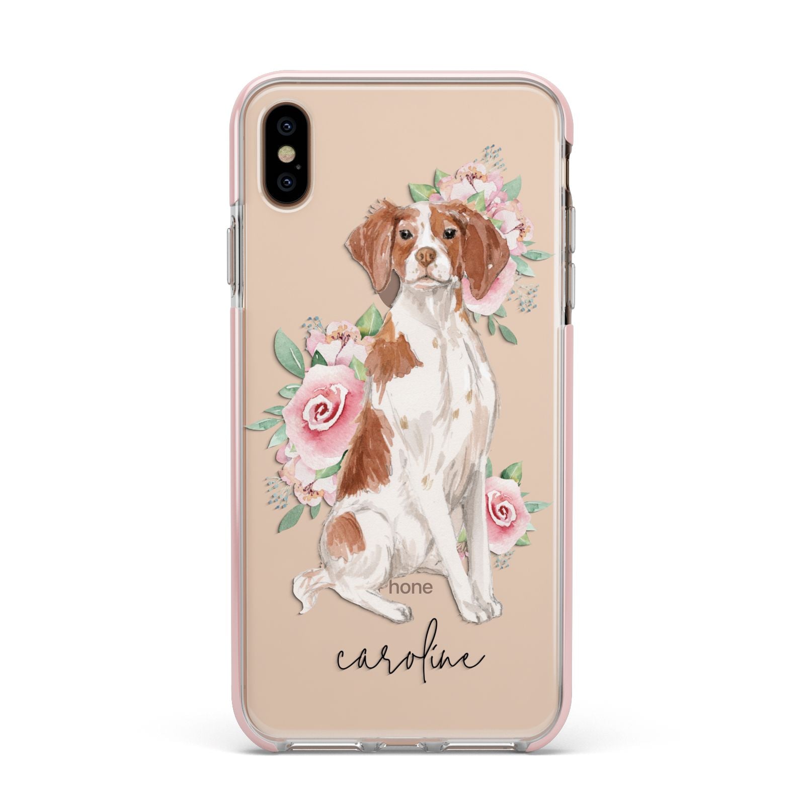 Personalised Brittany Dog Apple iPhone Xs Max Impact Case Pink Edge on Gold Phone