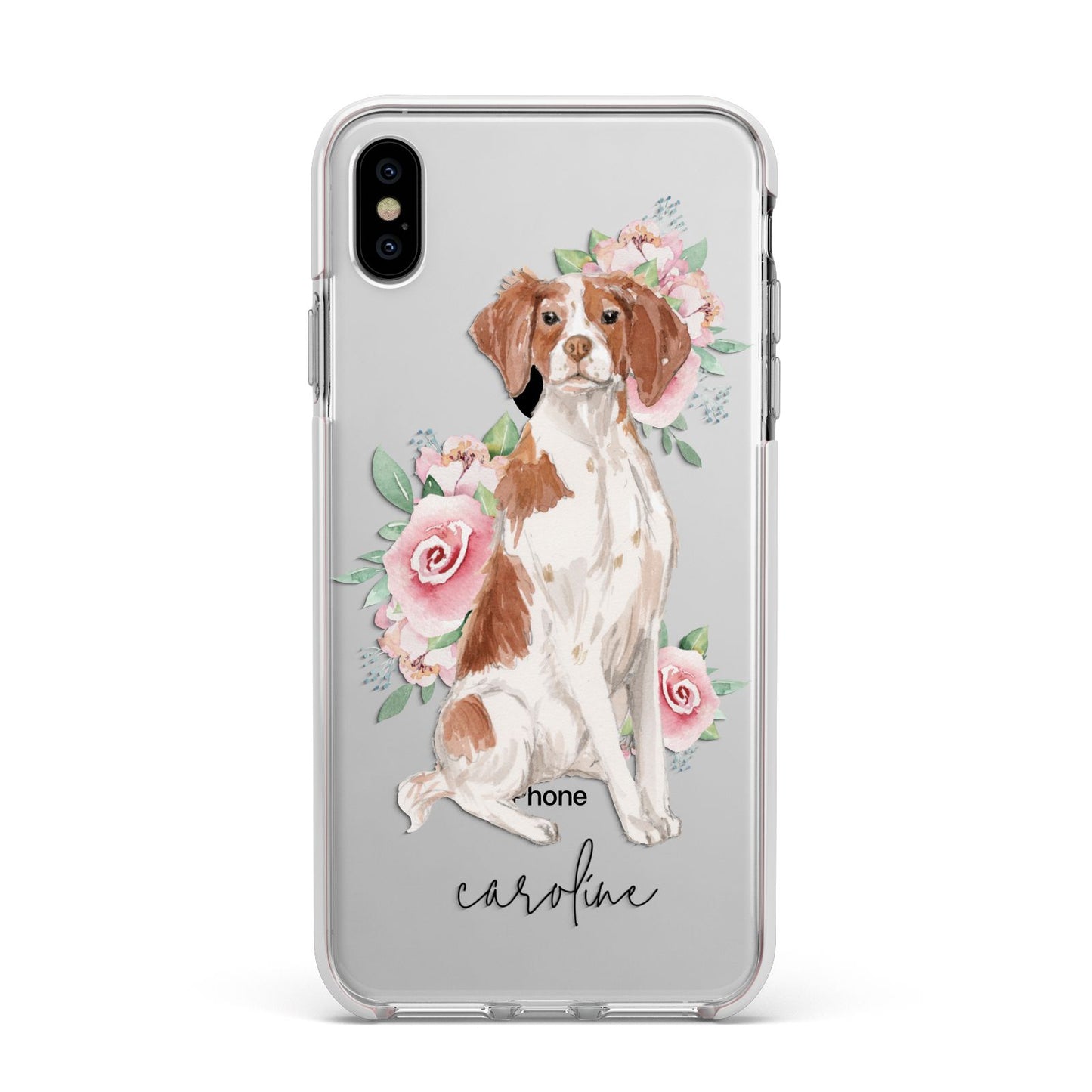 Personalised Brittany Dog Apple iPhone Xs Max Impact Case White Edge on Silver Phone