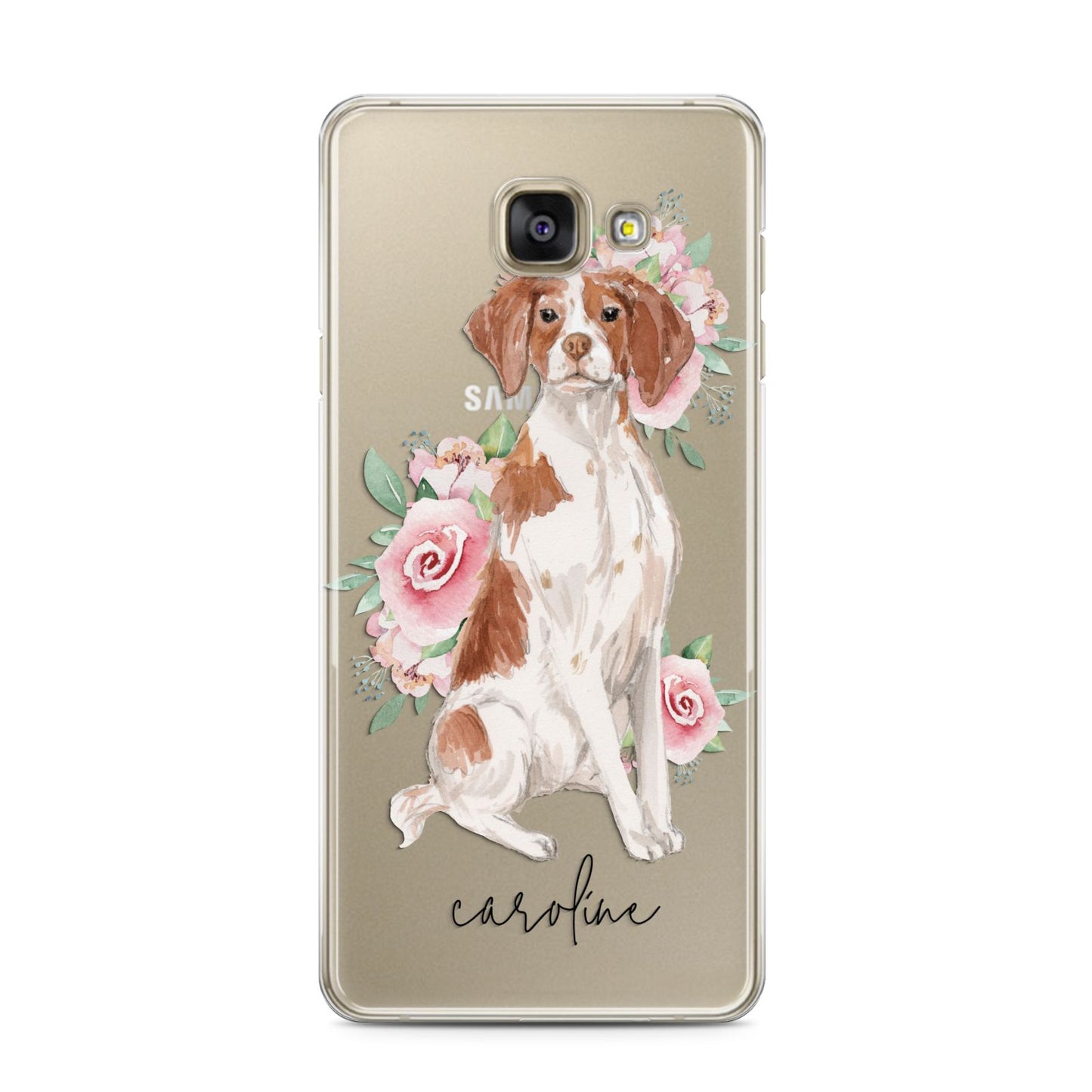 Personalised Brittany Dog Samsung Galaxy A3 2016 Case on gold phone
