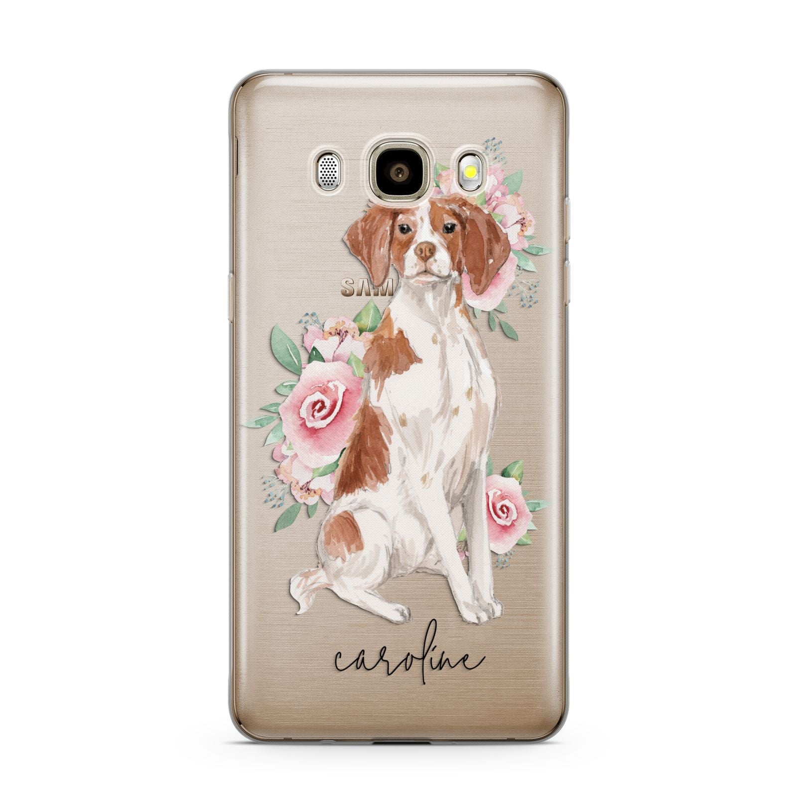 Personalised Brittany Dog Samsung Galaxy J7 2016 Case on gold phone