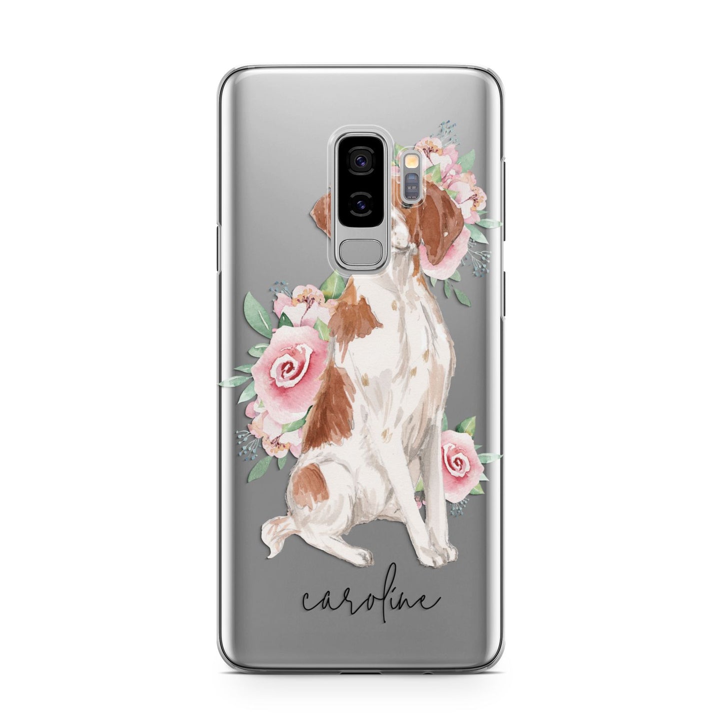 Personalised Brittany Dog Samsung Galaxy S9 Plus Case on Silver phone