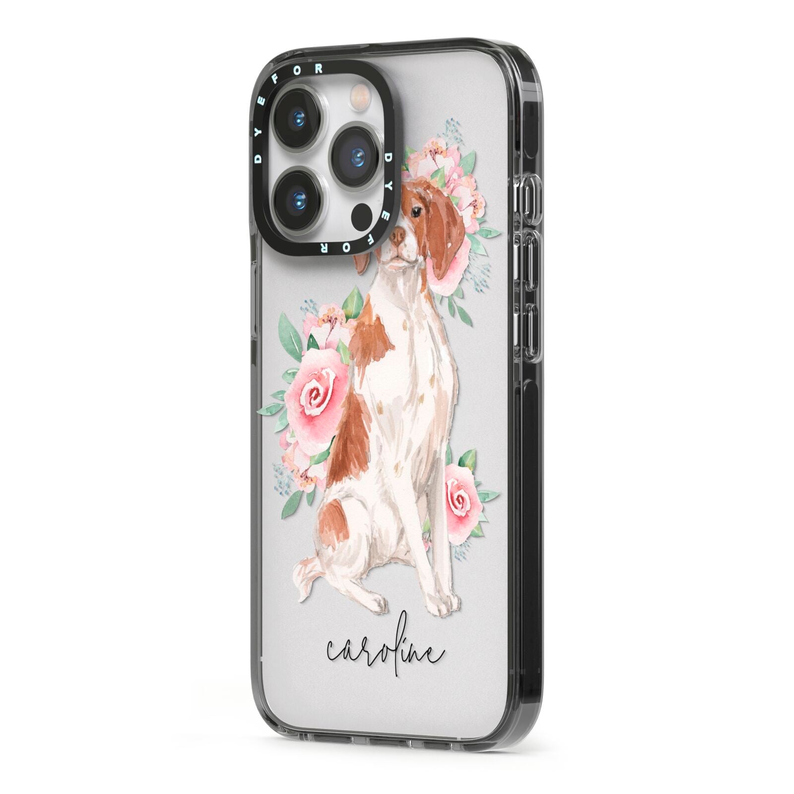 Personalised Brittany Dog iPhone 13 Pro Black Impact Case Side Angle on Silver phone