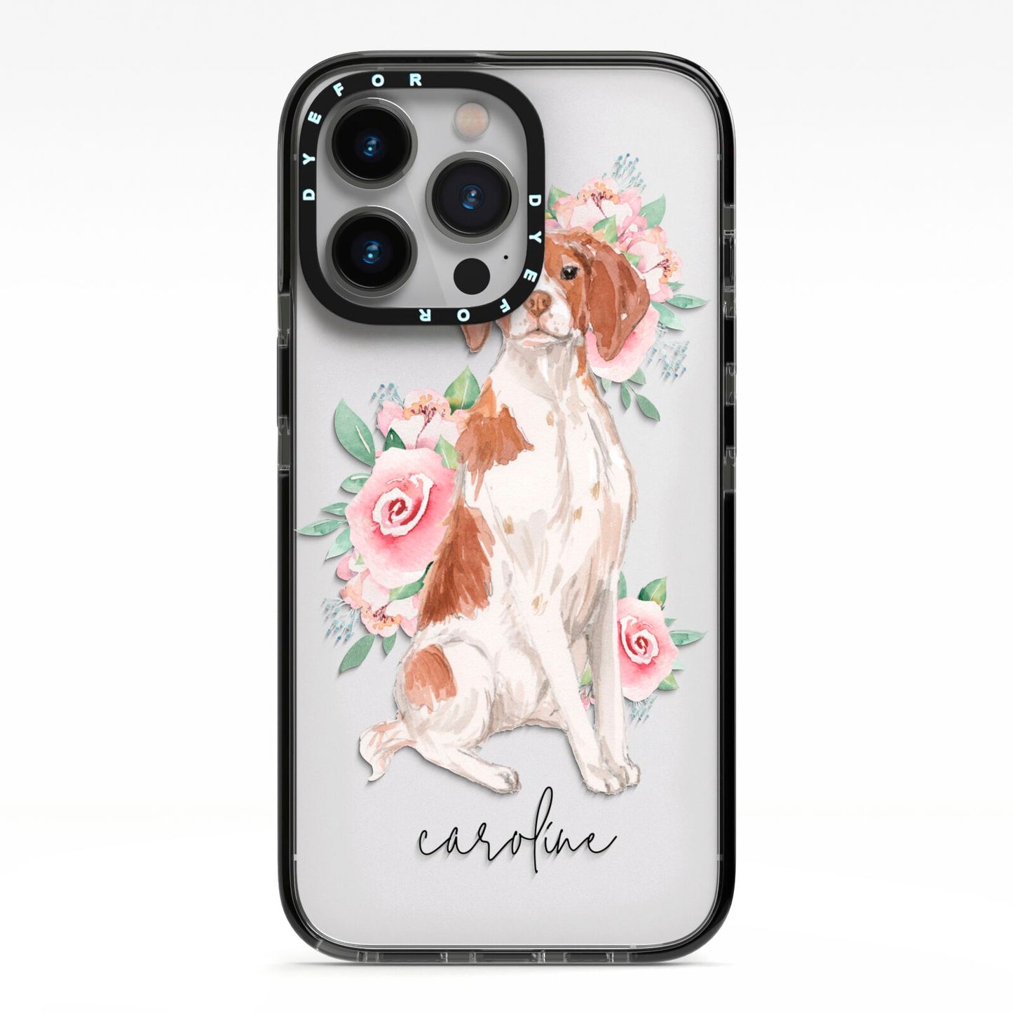 Personalised Brittany Dog iPhone 13 Pro Black Impact Case on Silver phone