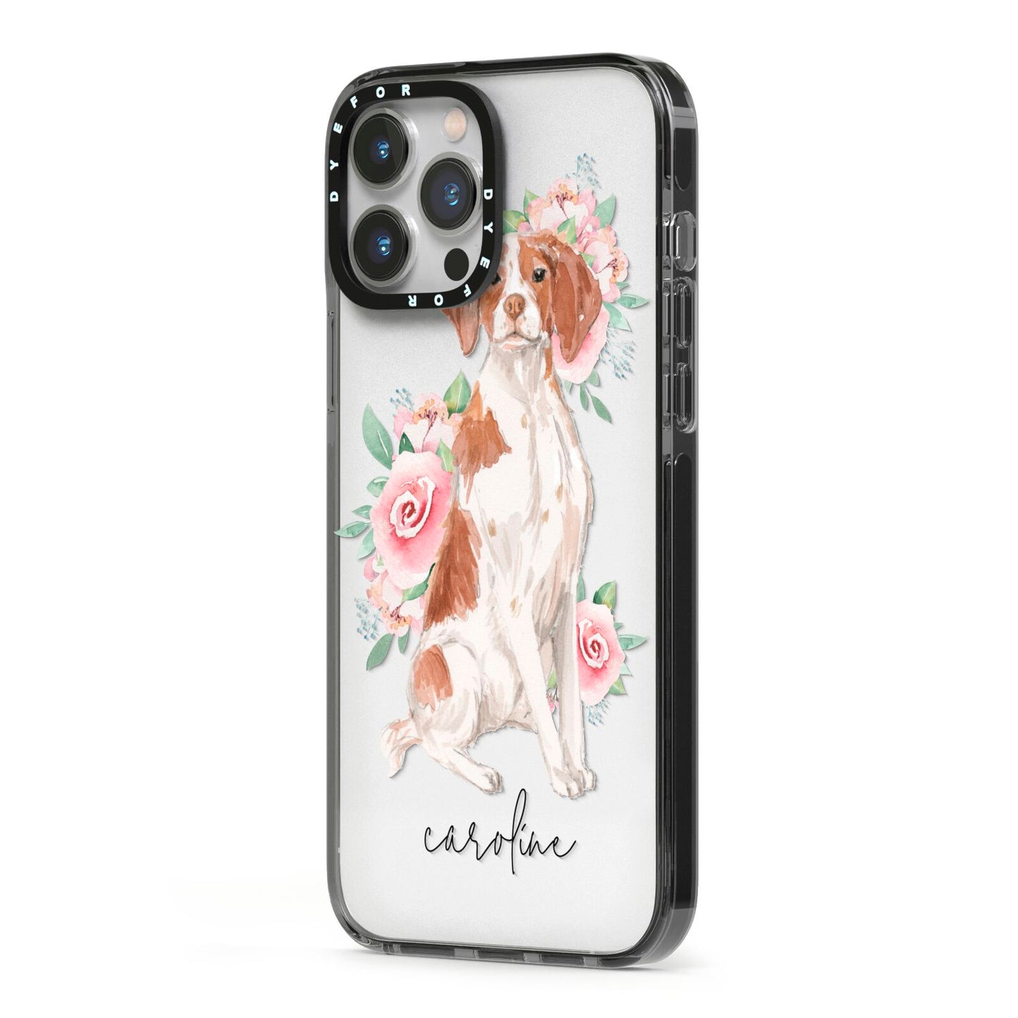 Personalised Brittany Dog iPhone 13 Pro Max Black Impact Case Side Angle on Silver phone