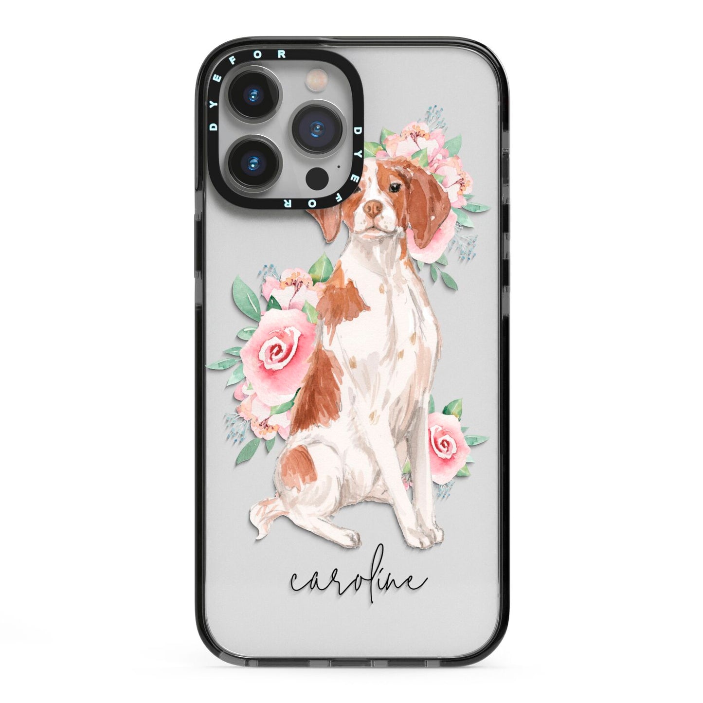 Personalised Brittany Dog iPhone 13 Pro Max Black Impact Case on Silver phone
