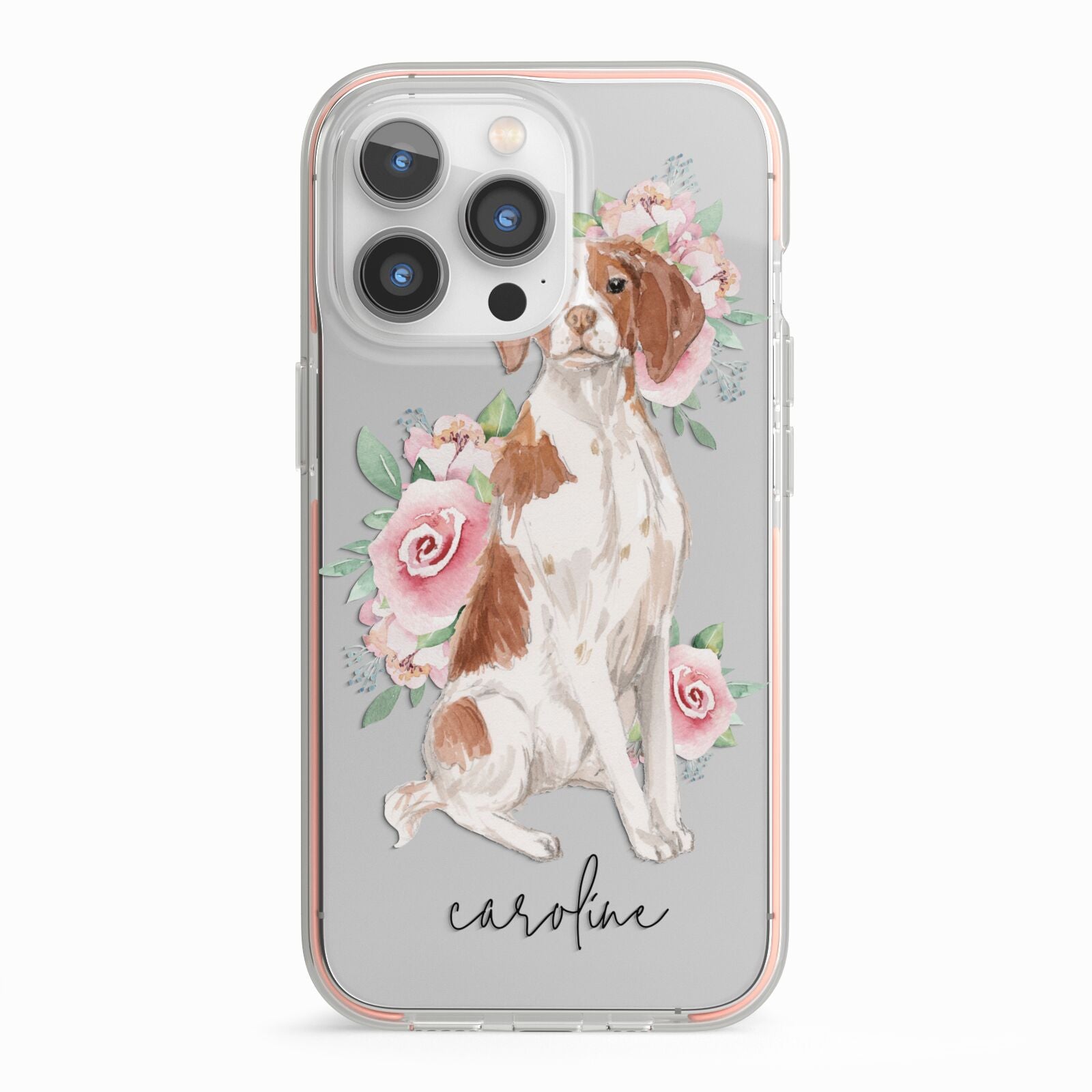 Personalised Brittany Dog iPhone 13 Pro TPU Impact Case with Pink Edges