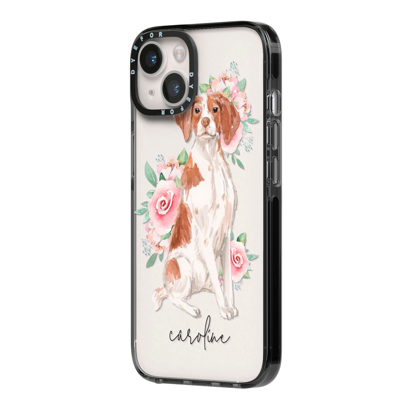 Personalised Brittany Dog iPhone 14 Black Impact Case Side Angle on Silver phone
