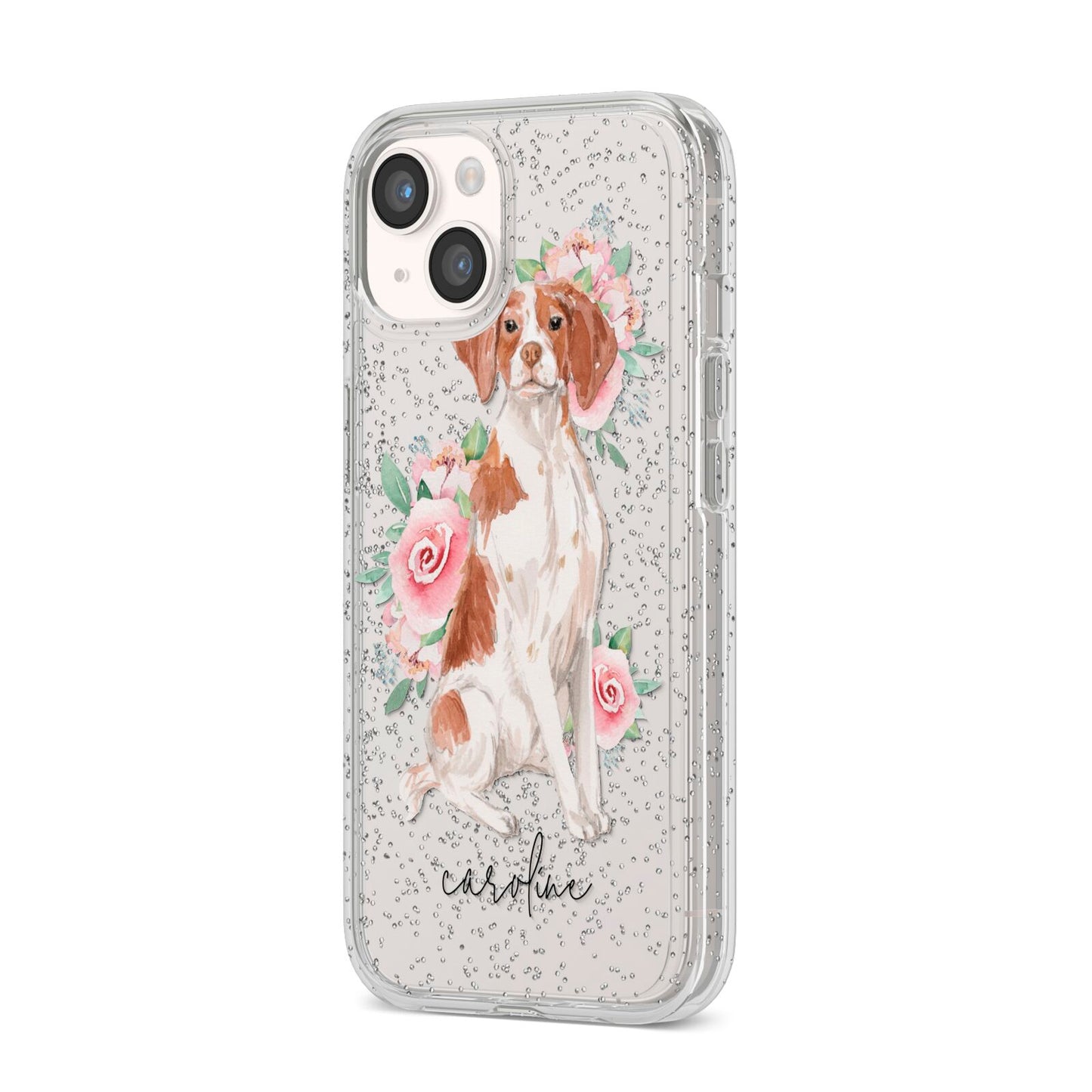 Personalised Brittany Dog iPhone 14 Glitter Tough Case Starlight Angled Image