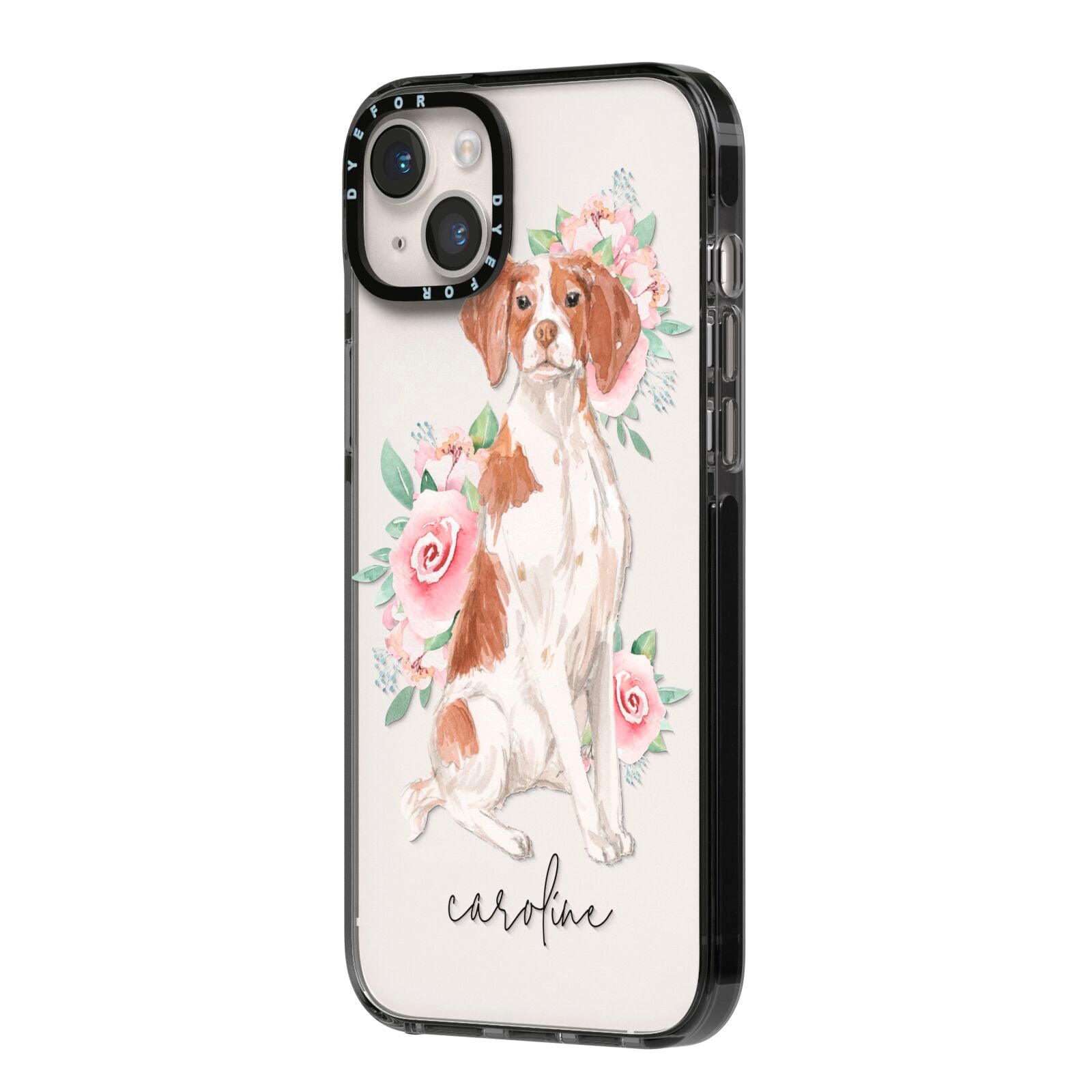 Personalised Brittany Dog iPhone 14 Plus Black Impact Case Side Angle on Silver phone