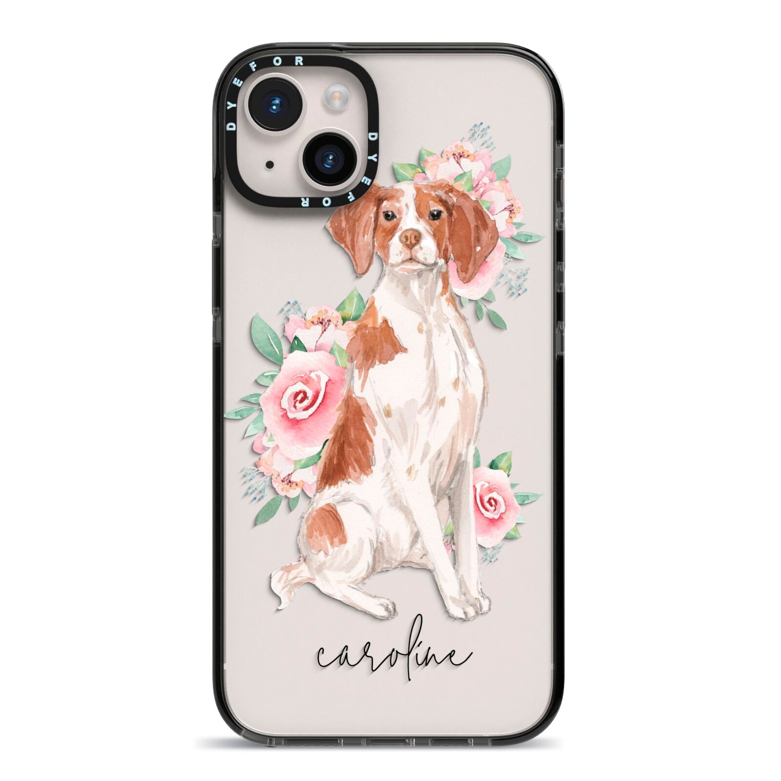 Personalised Brittany Dog iPhone 14 Plus Black Impact Case on Silver phone