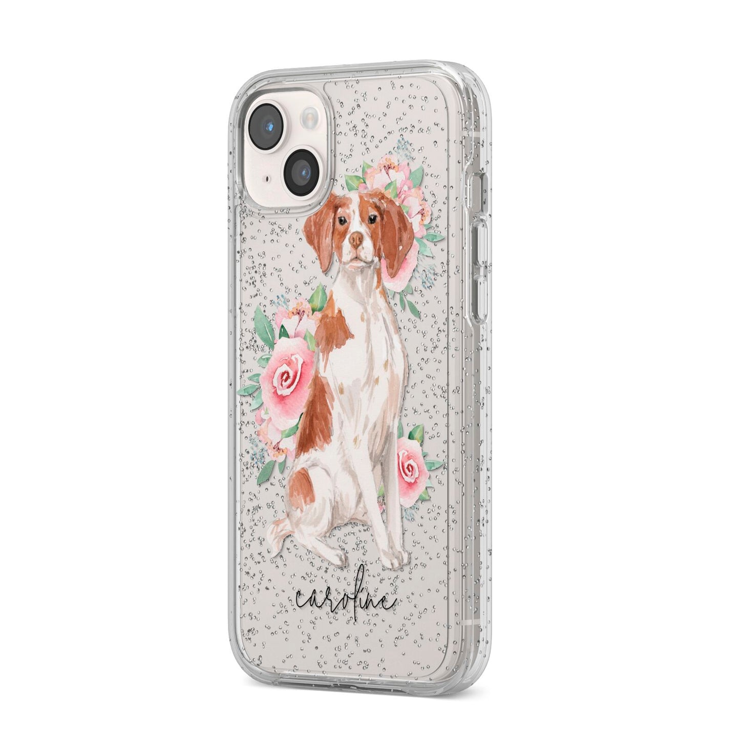 Personalised Brittany Dog iPhone 14 Plus Glitter Tough Case Starlight Angled Image
