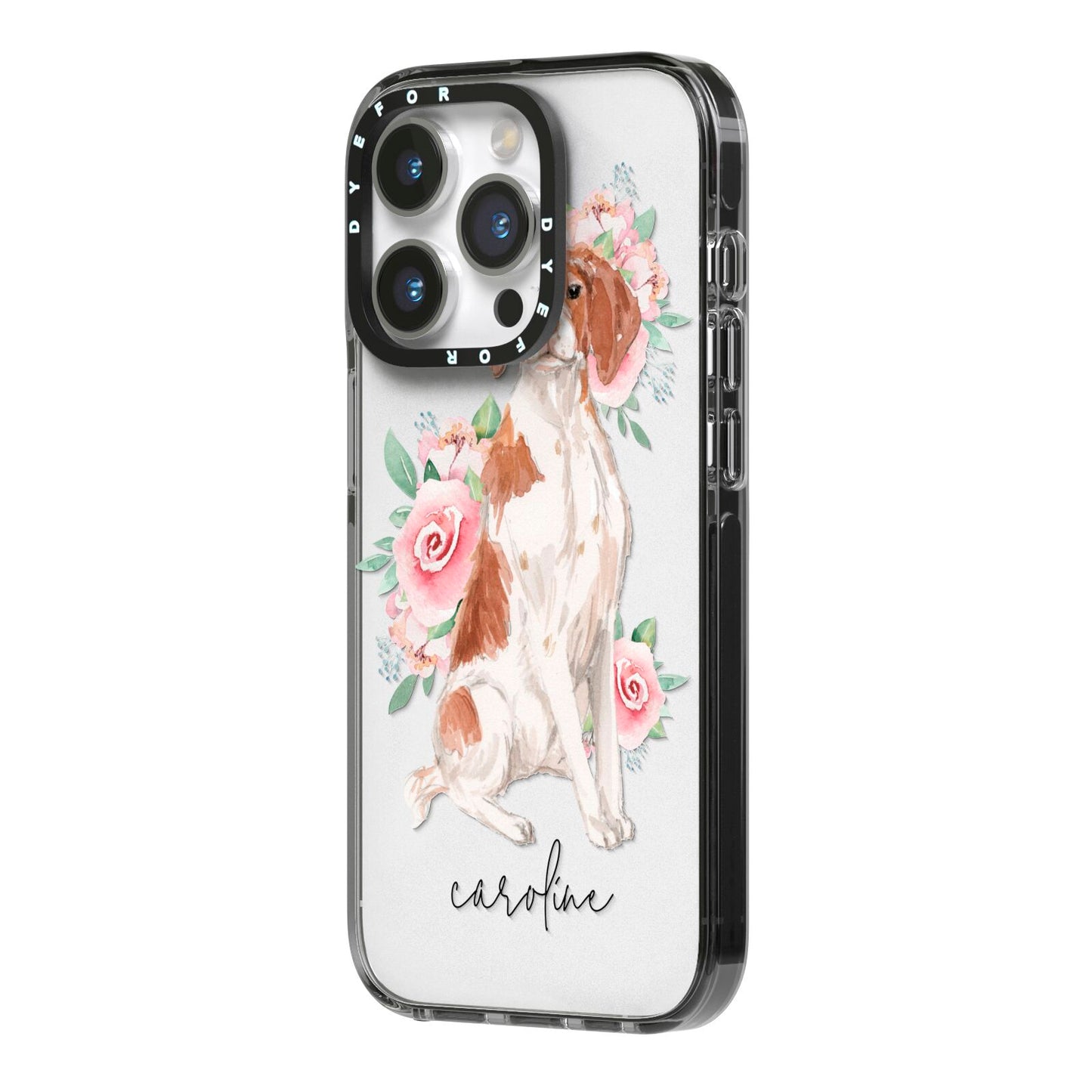 Personalised Brittany Dog iPhone 14 Pro Black Impact Case Side Angle on Silver phone