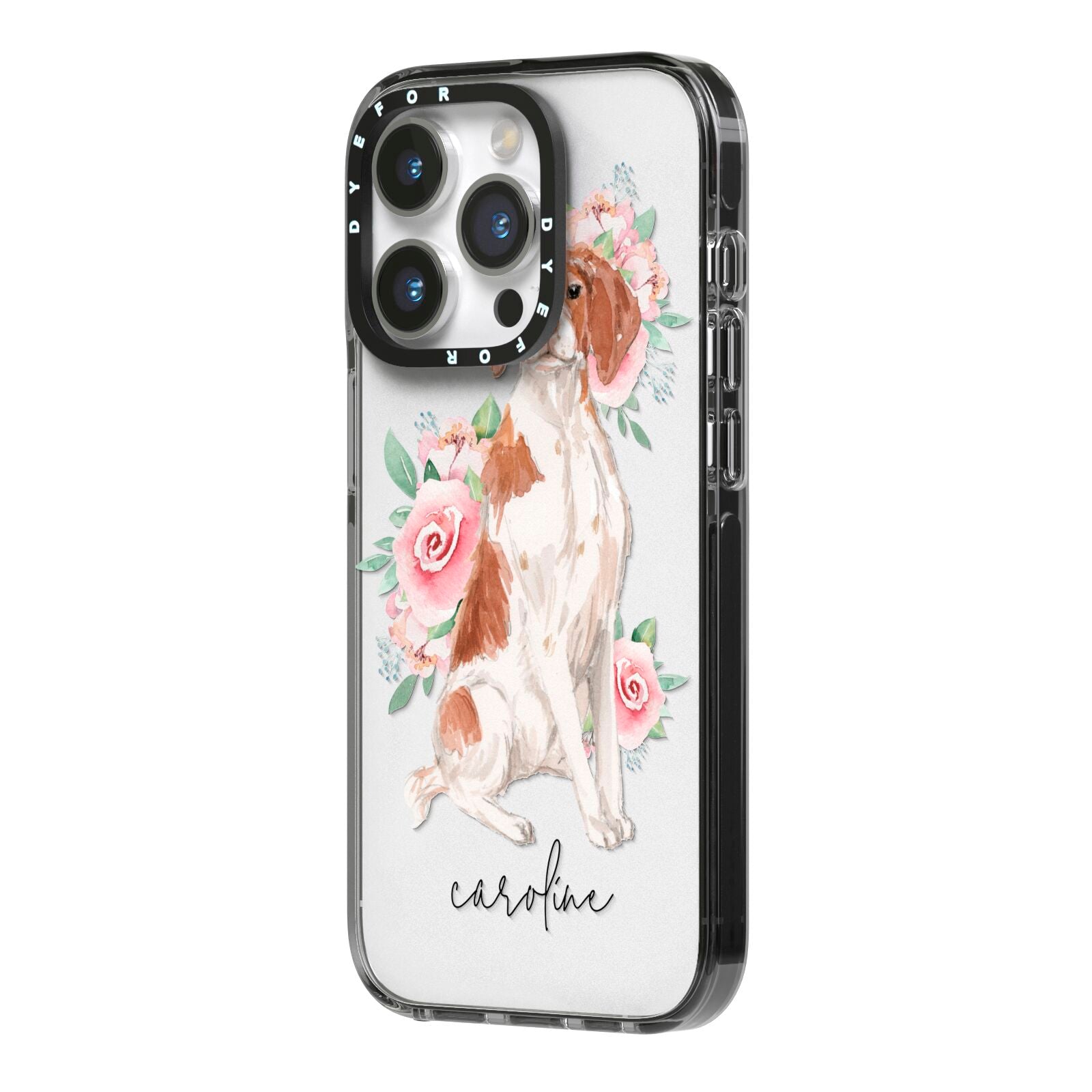 Personalised Brittany Dog iPhone 14 Pro Black Impact Case Side Angle on Silver phone