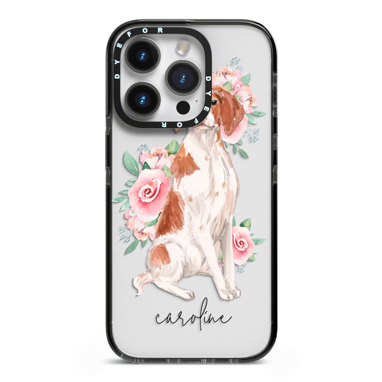 Personalised Brittany Dog iPhone 14 Pro Black Impact Case on Silver phone