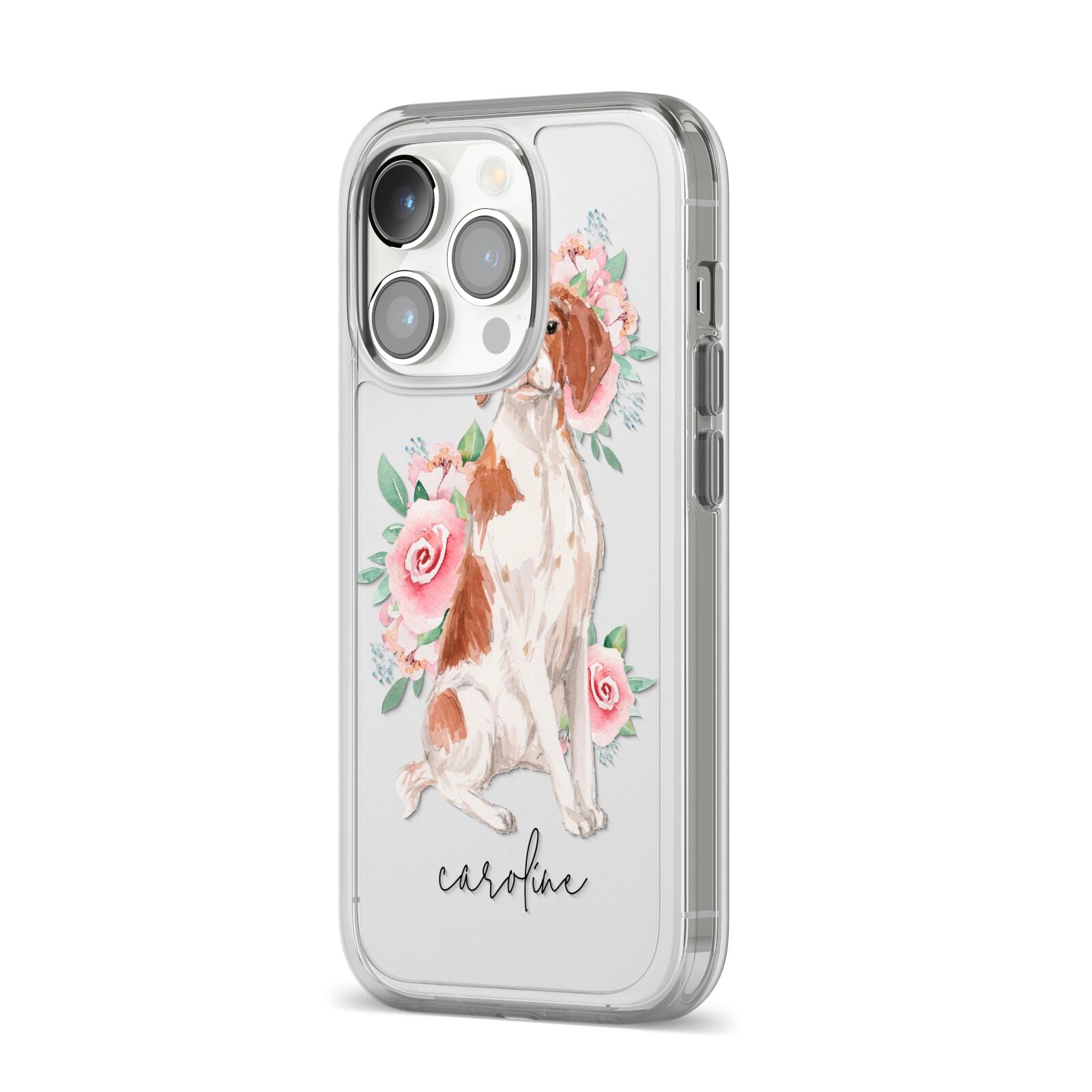 Personalised Brittany Dog iPhone 14 Pro Clear Tough Case Silver Angled Image