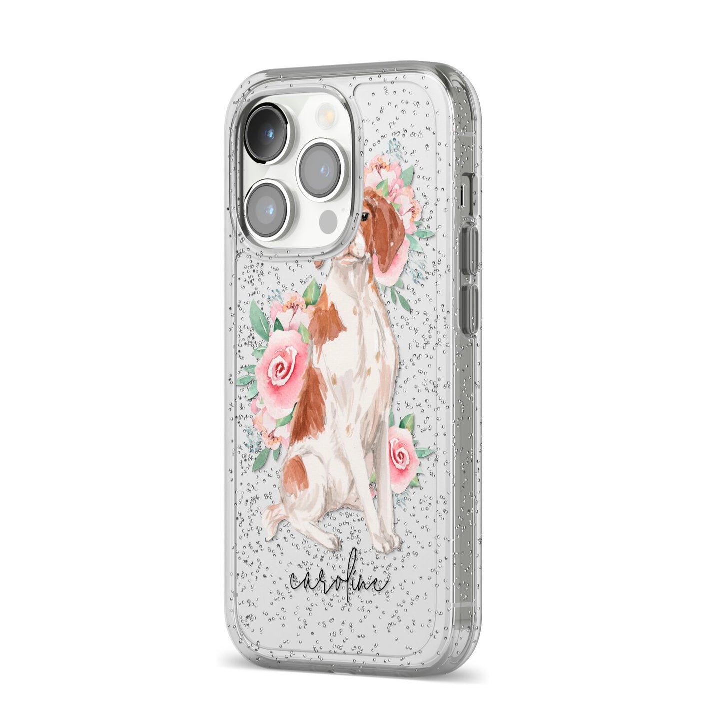 Personalised Brittany Dog iPhone 14 Pro Glitter Tough Case Silver Angled Image