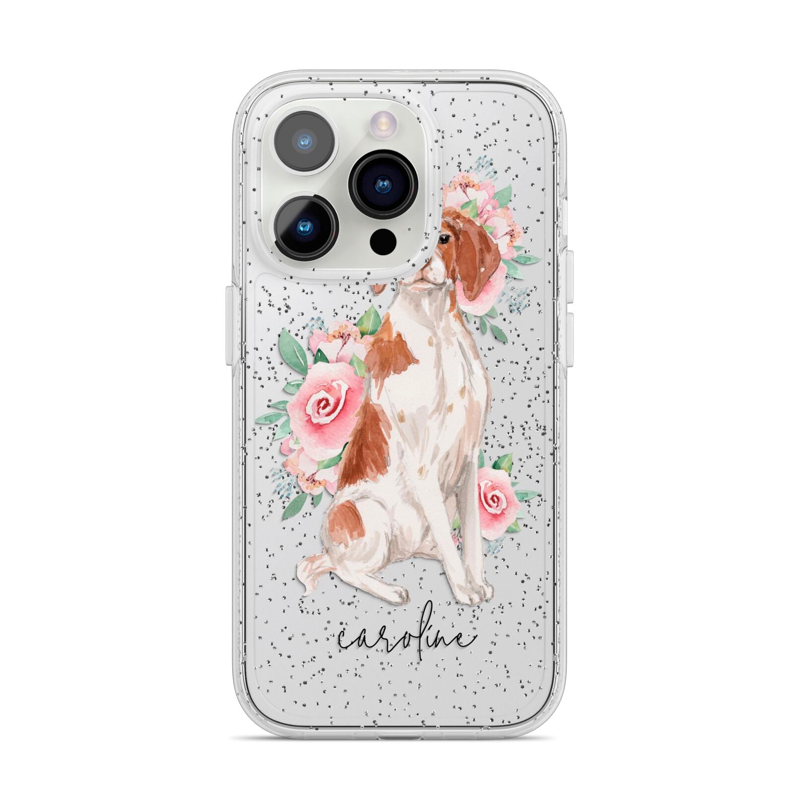 Personalised Brittany Dog iPhone 14 Pro Glitter Tough Case Silver