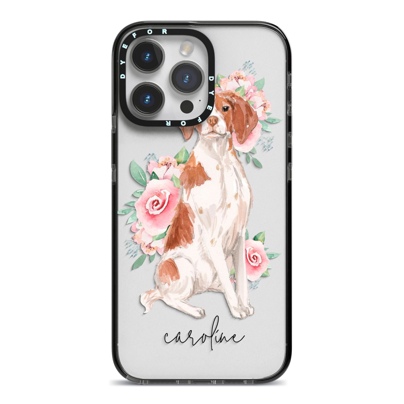 Personalised Brittany Dog iPhone 14 Pro Max Black Impact Case on Silver phone