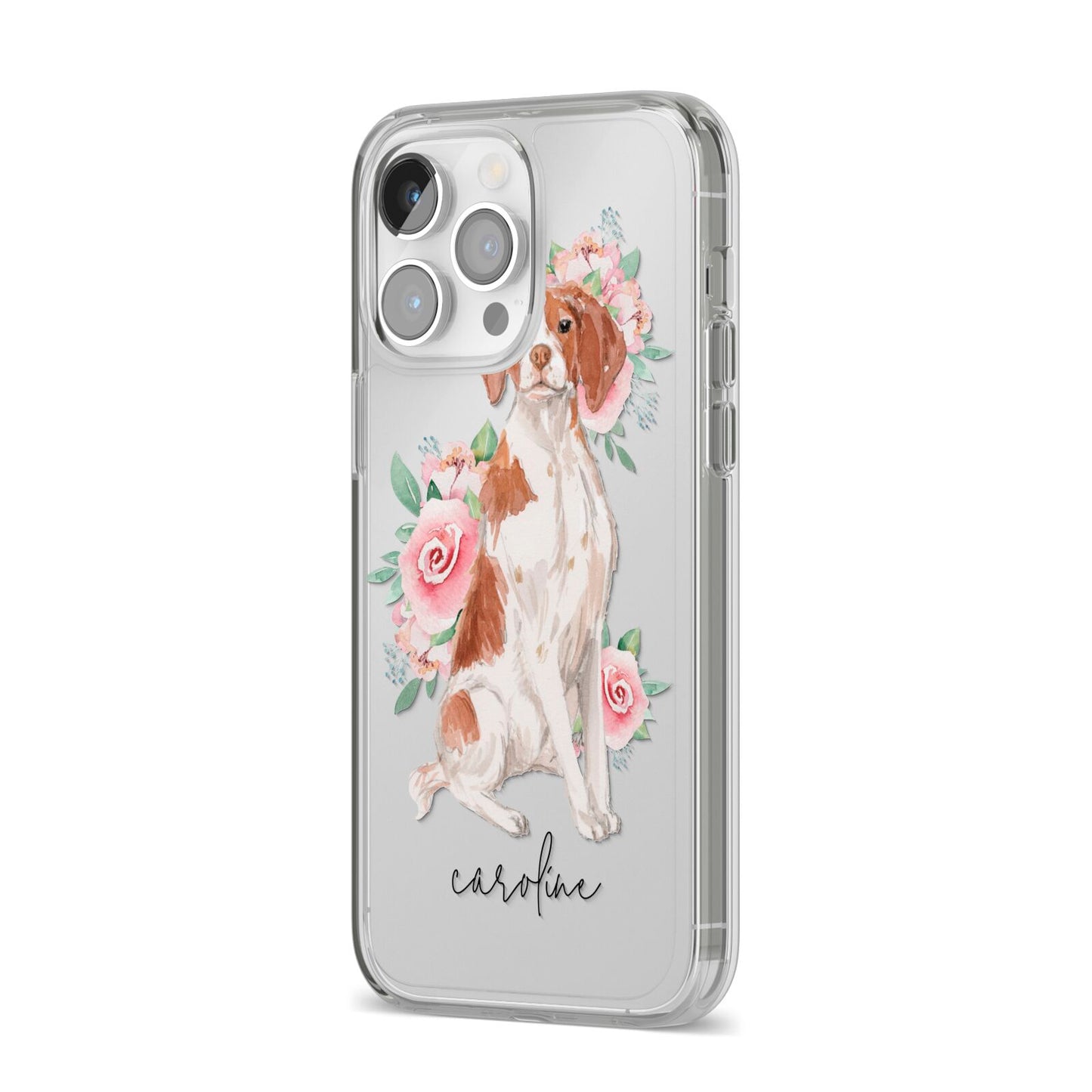 Personalised Brittany Dog iPhone 14 Pro Max Clear Tough Case Silver Angled Image