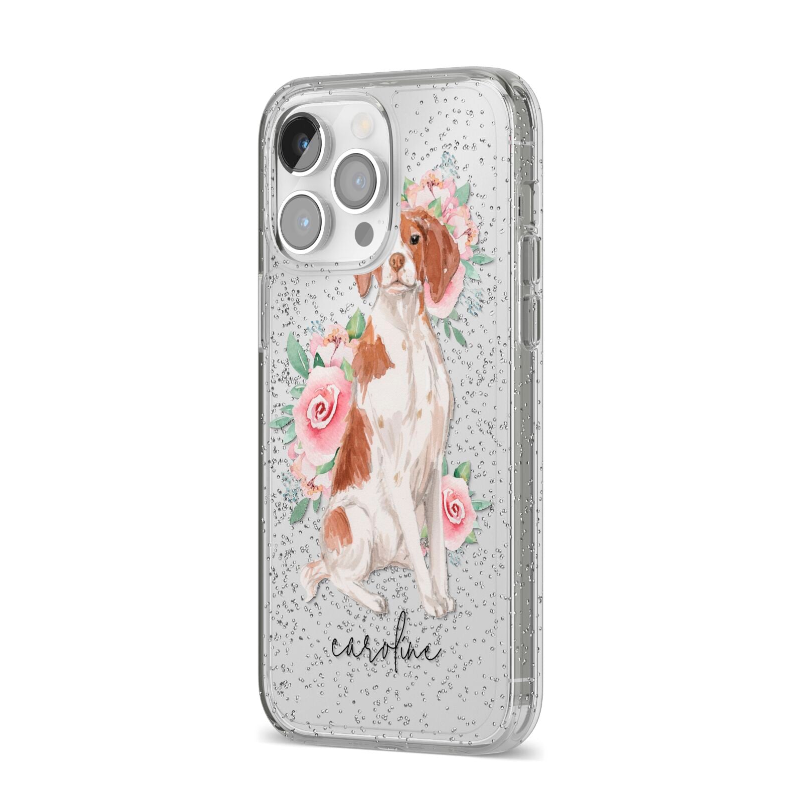 Personalised Brittany Dog iPhone 14 Pro Max Glitter Tough Case Silver Angled Image