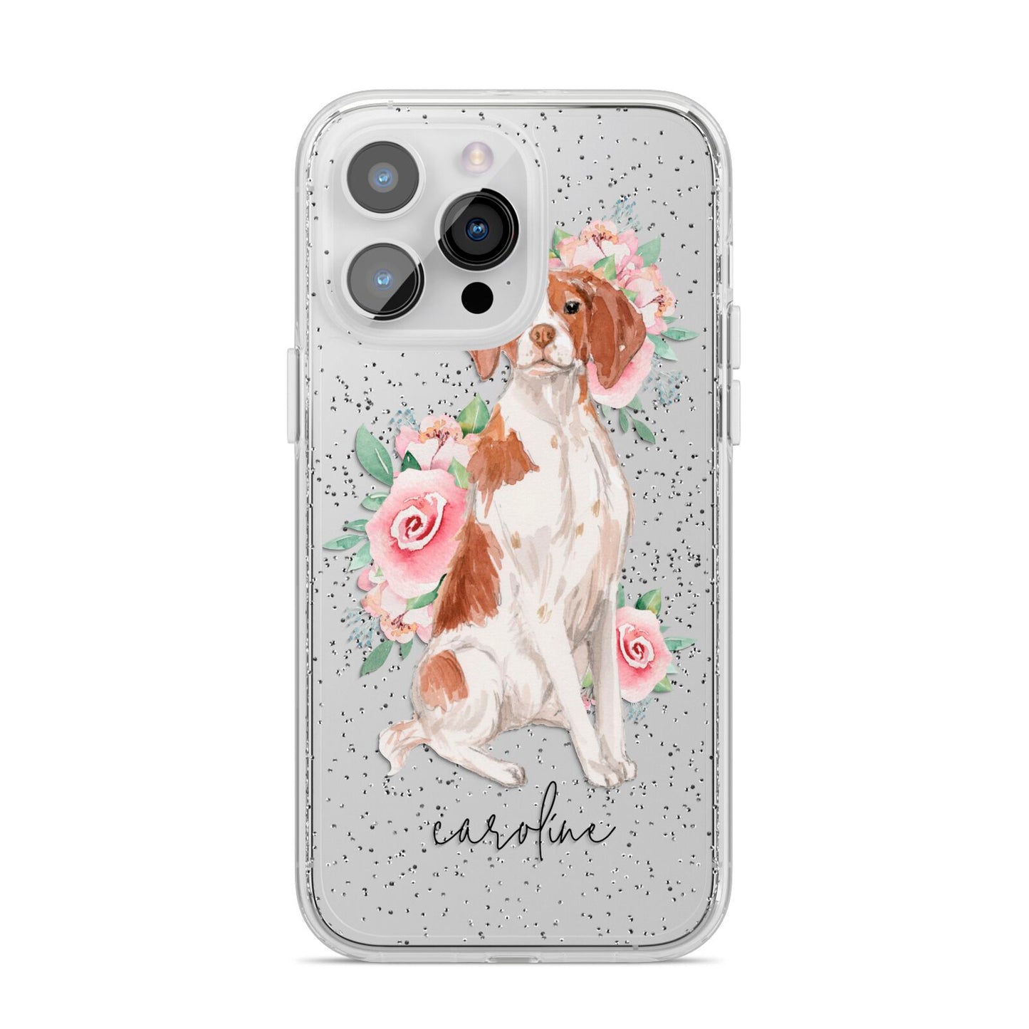 Personalised Brittany Dog iPhone 14 Pro Max Glitter Tough Case Silver