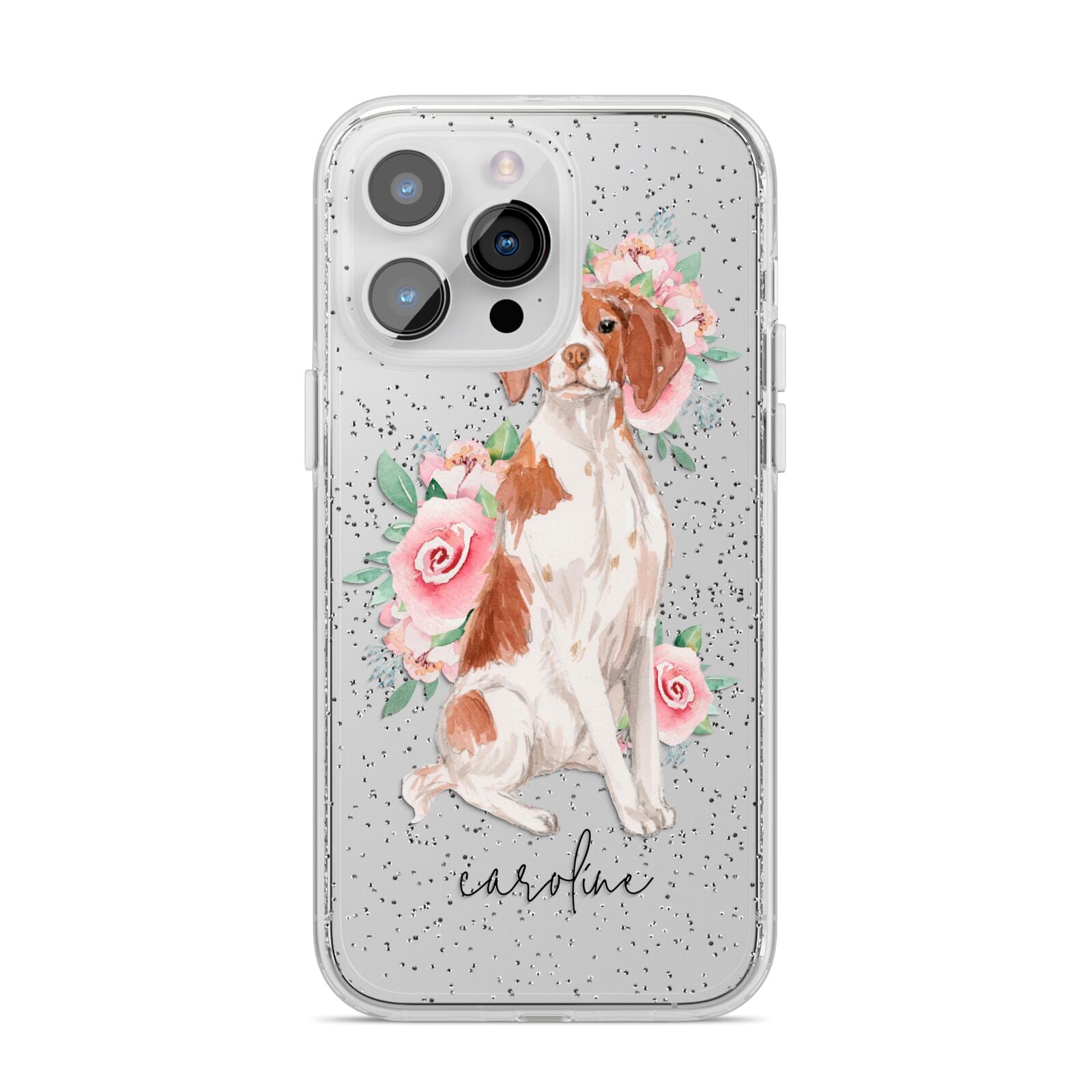 Personalised Brittany Dog iPhone 14 Pro Max Glitter Tough Case Silver