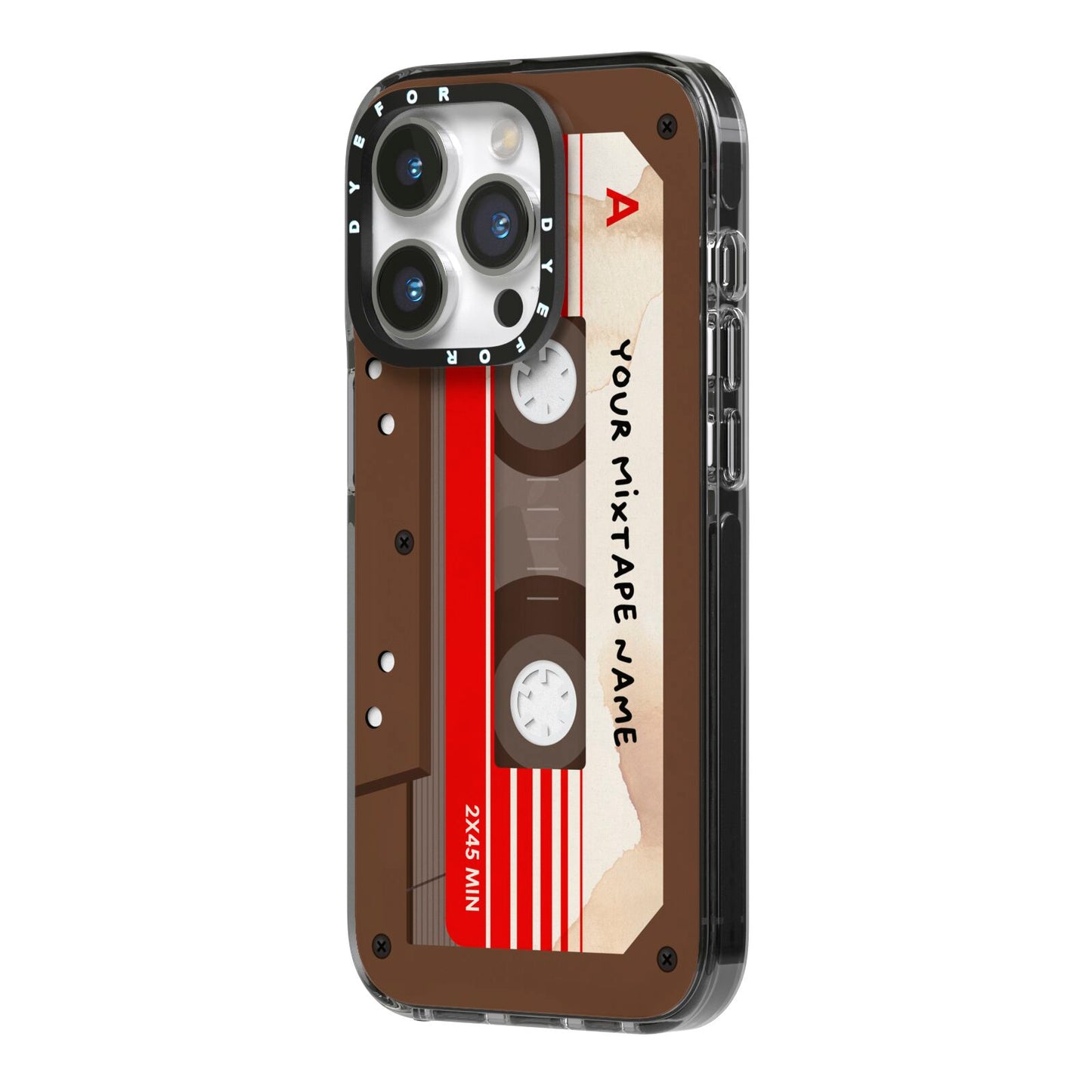 Personalised Brown Mixtape iPhone 14 Pro Black Impact Case Side Angle on Silver phone