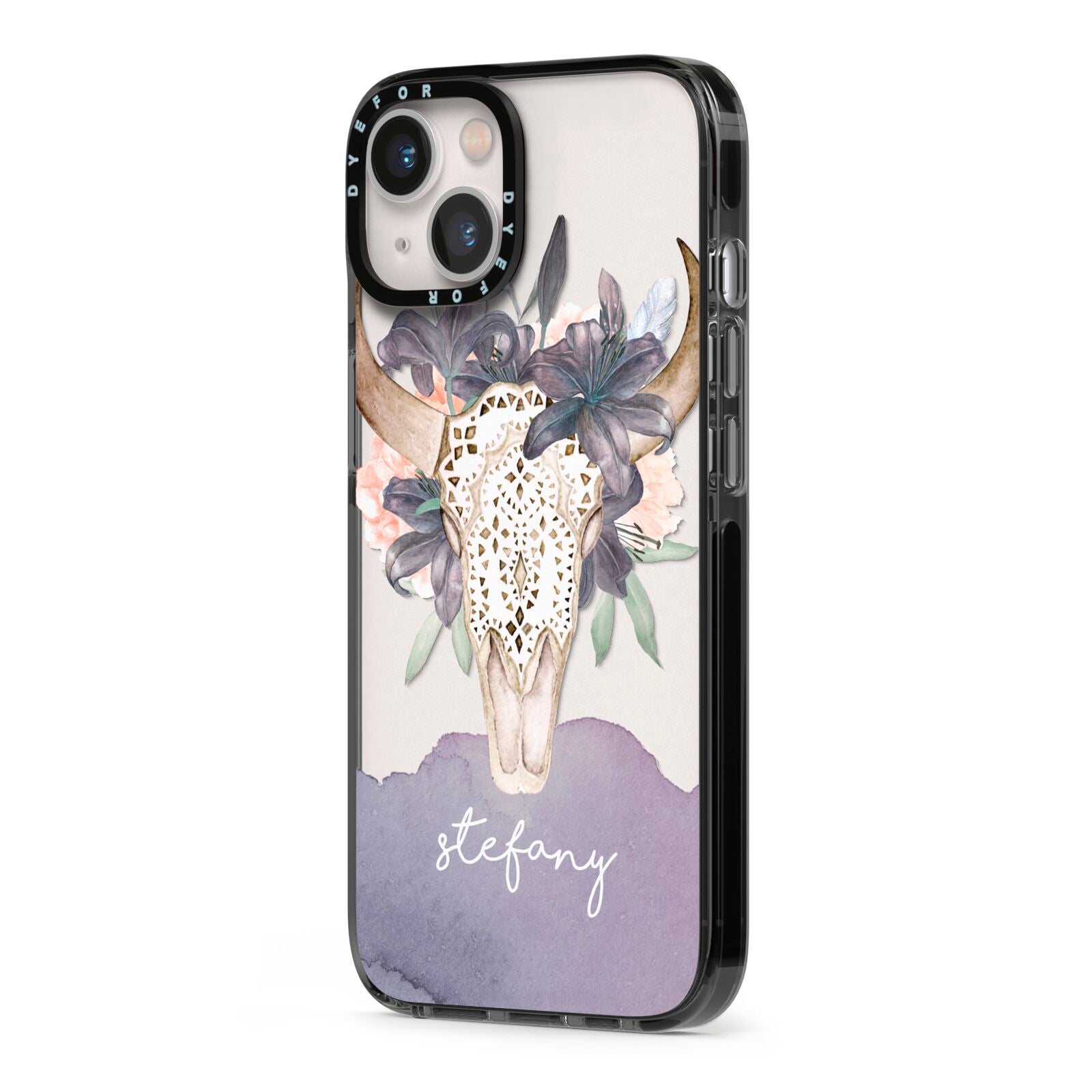Personalised Bull s Head iPhone 13 Black Impact Case Side Angle on Silver phone